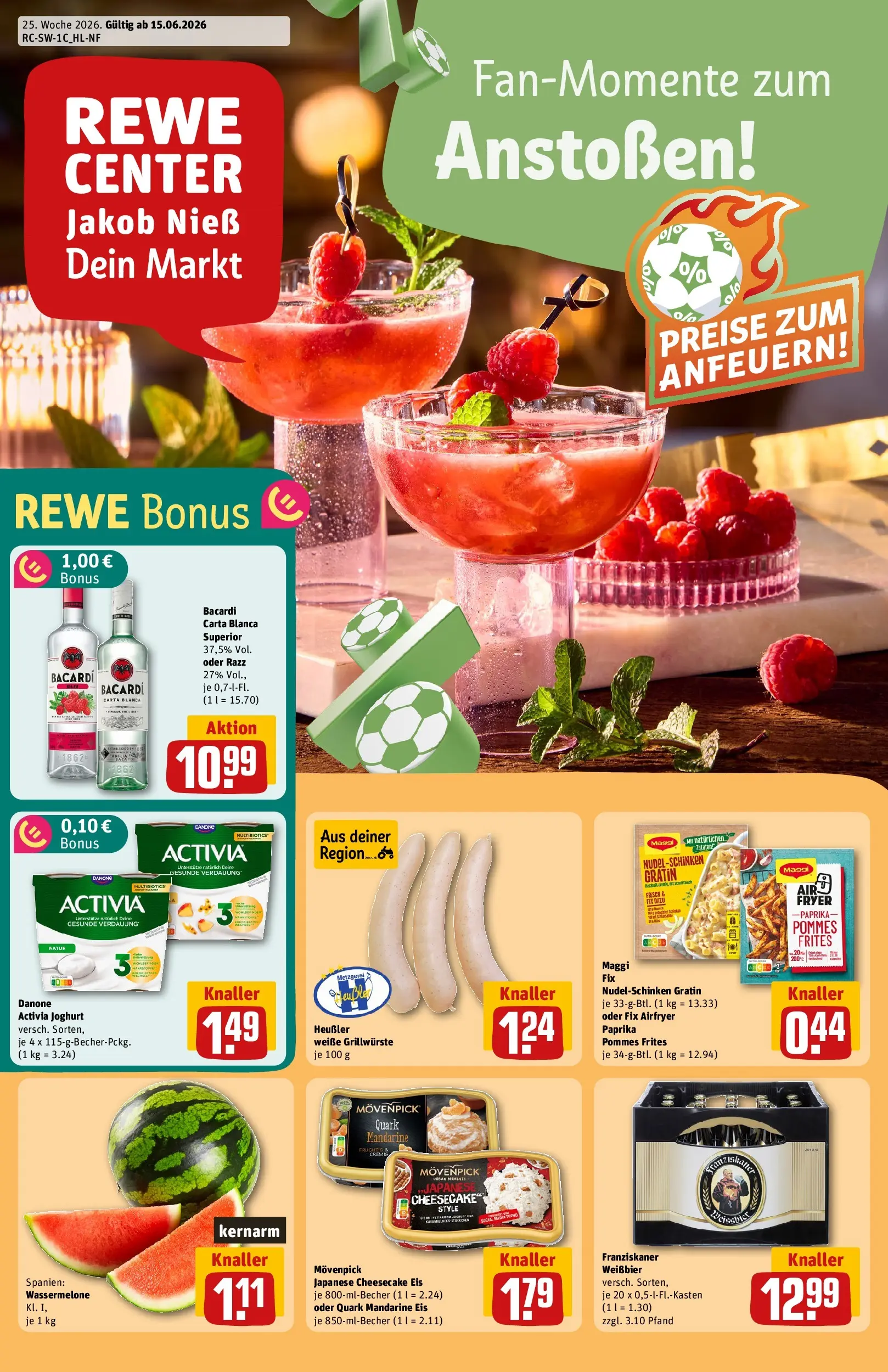 REWE Prospekt ab 14.06.2026 zum Blättern » Angebote | Seite: 1 | Produkte: Bacardi, Weißbier, Pommes frites, Maggi fix
