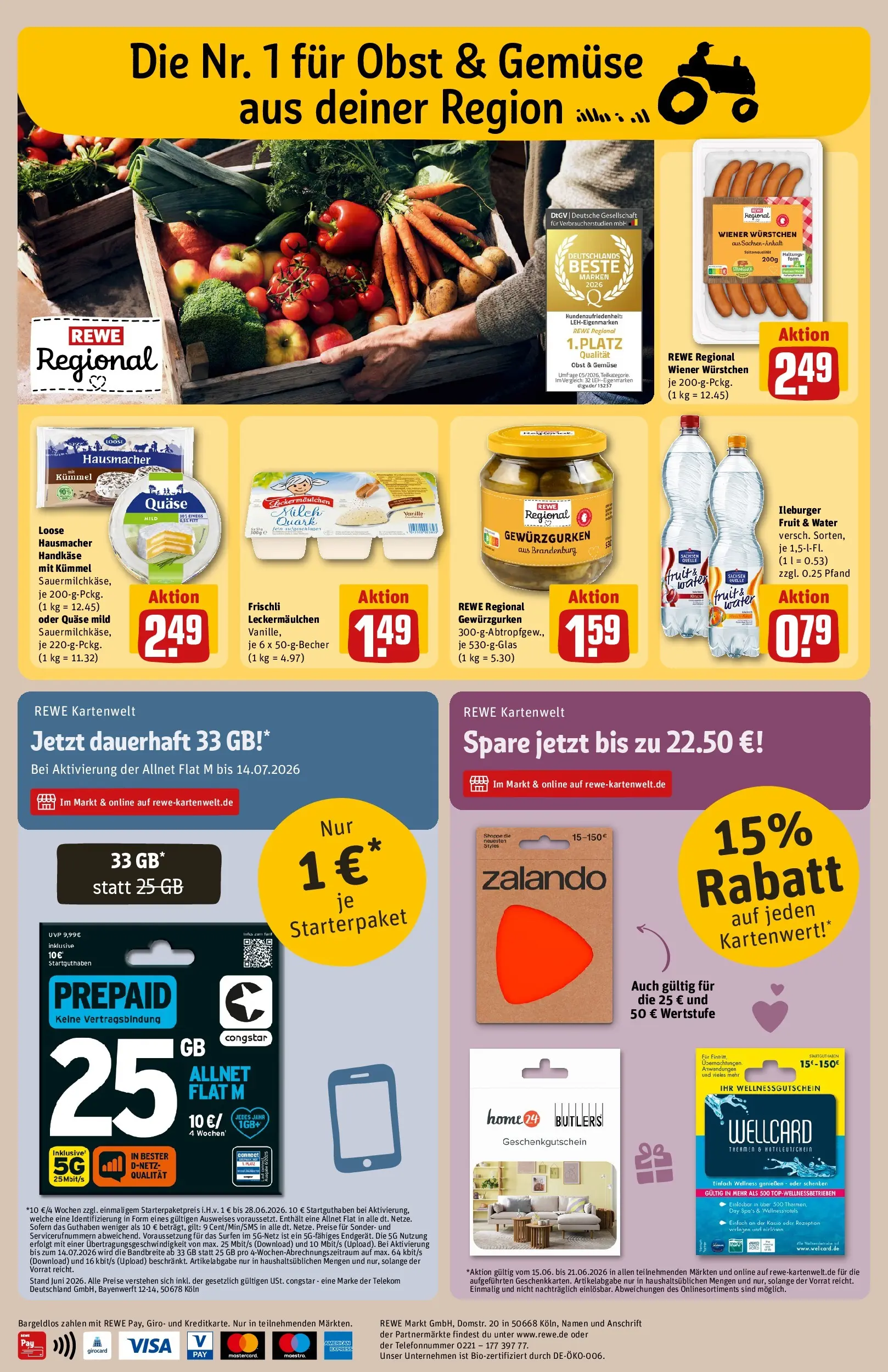 REWE Prospekt ab 14.06.2026 zum Blättern » Angebote | Seite: 30 | Produkte: Wiener wurstchen, Milch, Gemüse, Obst
