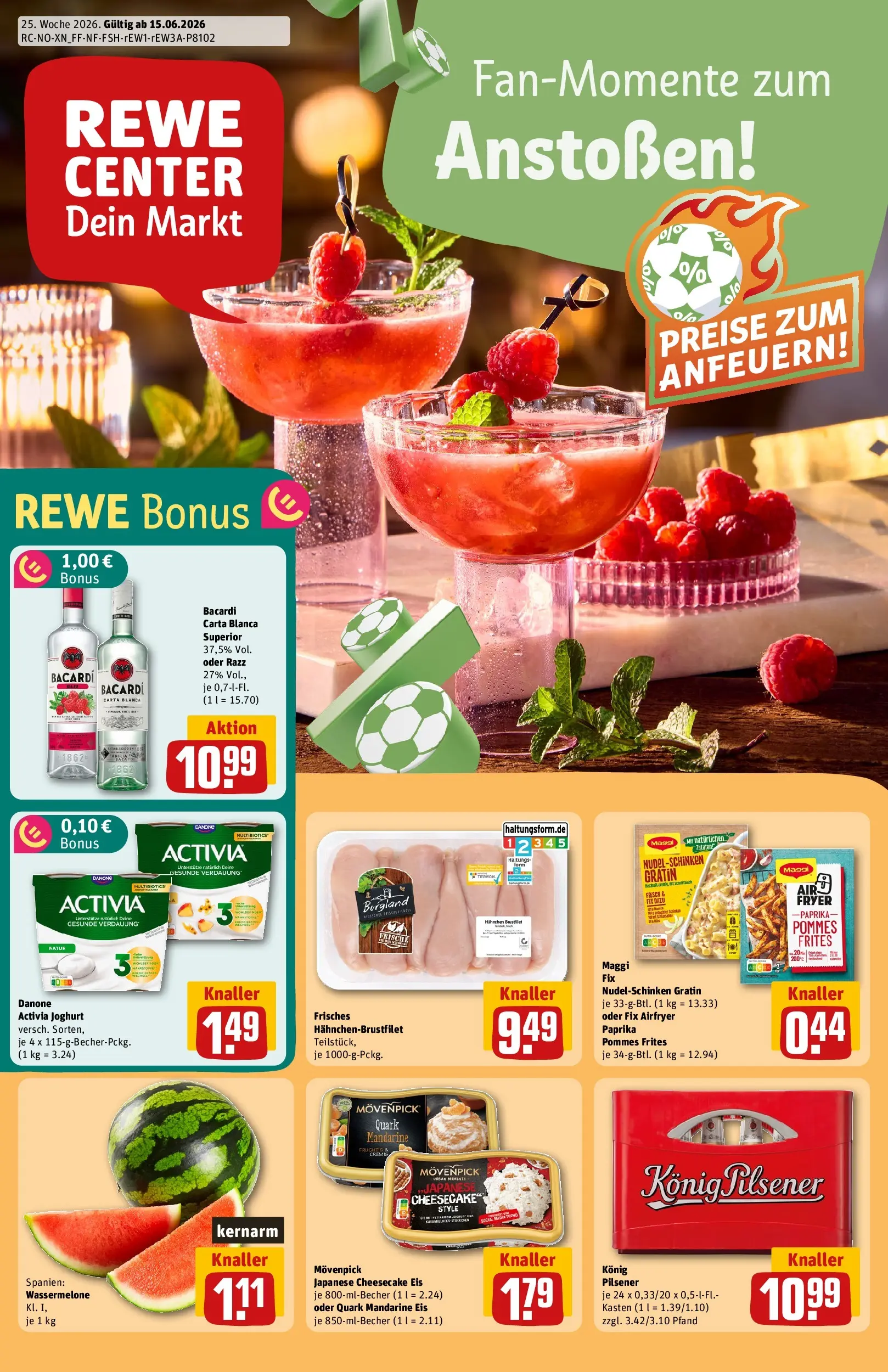 REWE Prospekt ab 14.06.2026 zum Blättern » Angebote | Seite: 1 | Produkte: Activia, Rum, Pommes frites, Eis