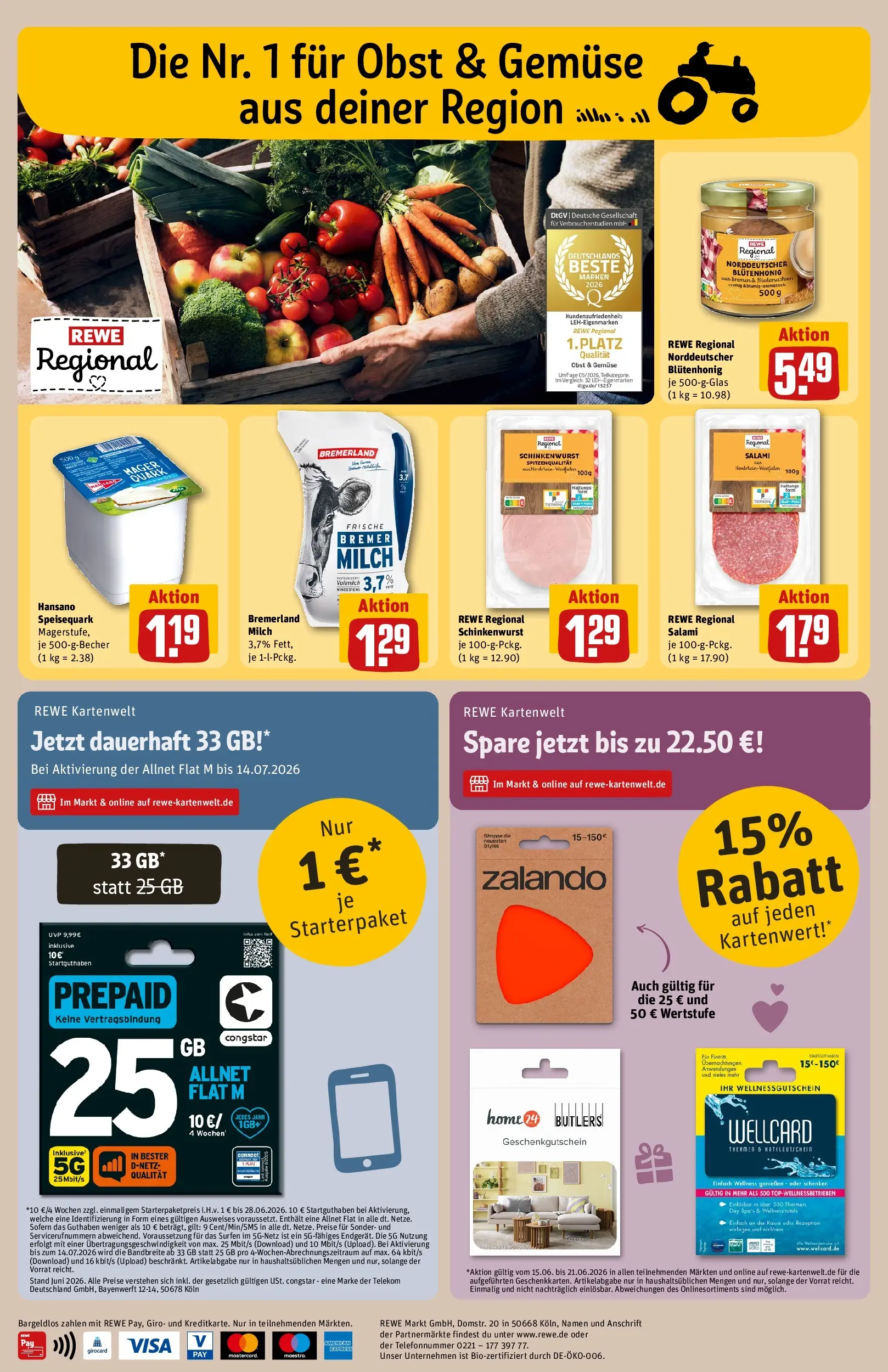 REWE Prospekt ab 14.06.2026 zum Blättern » Angebote | Seite: 30 | Produkte: Quark, Milch, Gemüse, Obst