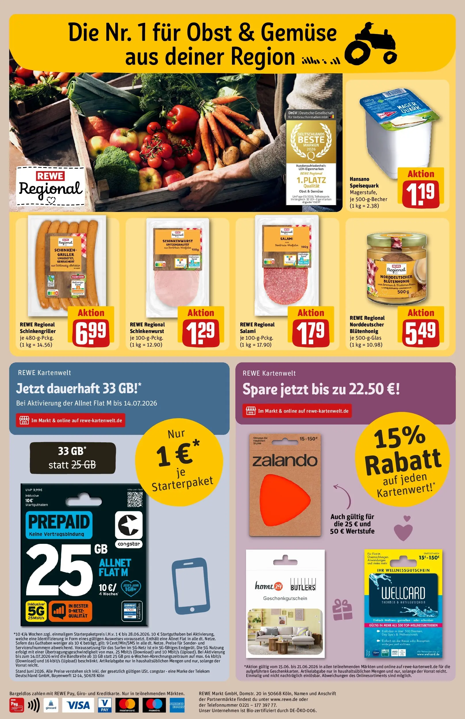 REWE Prospekt ab 14.06.2026 zum Blättern » Angebote | Seite: 36 | Produkte: Gemüse, Schinken, Griller, Speisequark
