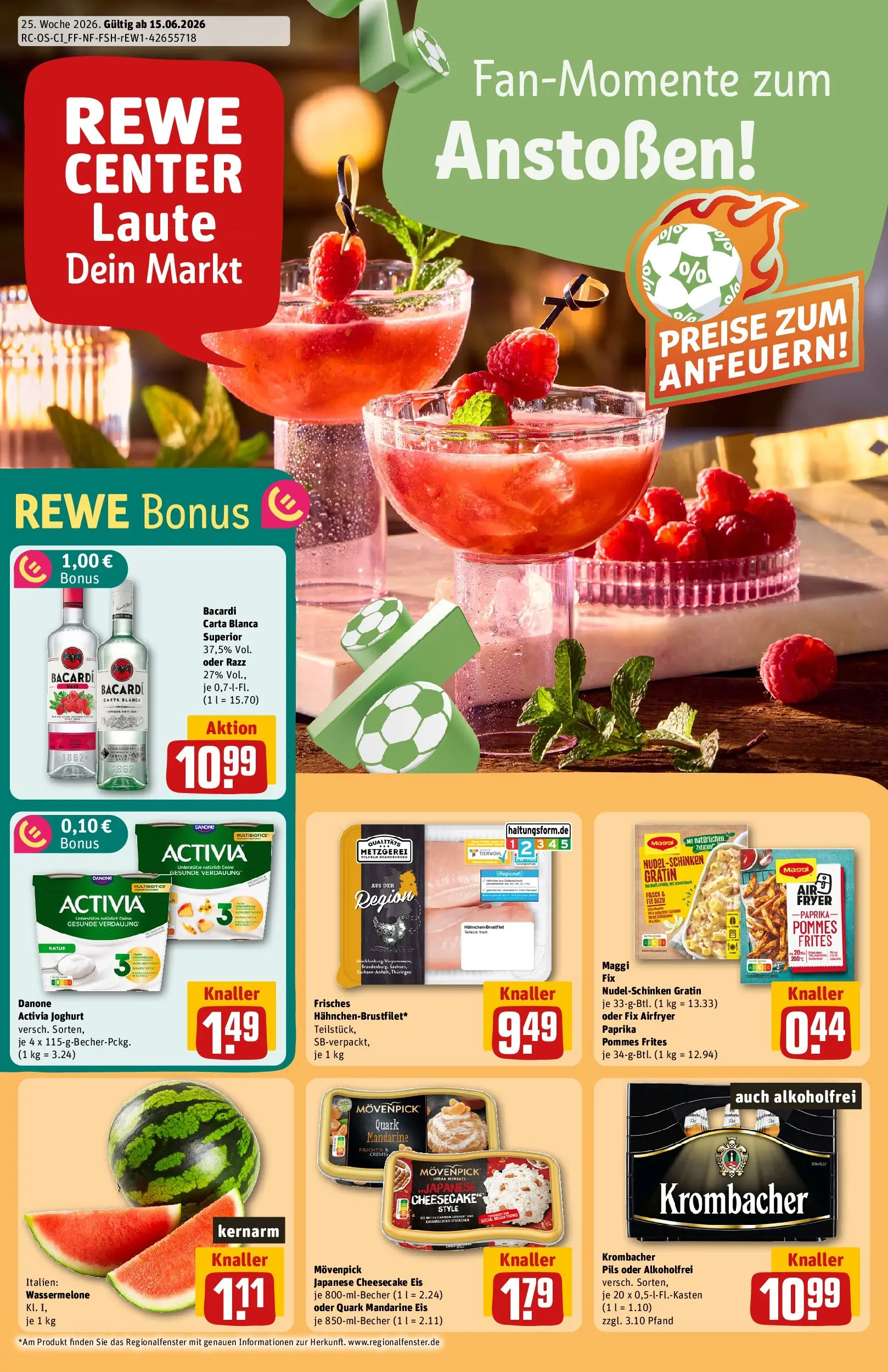REWE Prospekt ab 14.06.2026 zum Blättern » Angebote | Seite: 1 | Produkte: Hahnchen, Pommes frites, Wassermelone, Krombacher