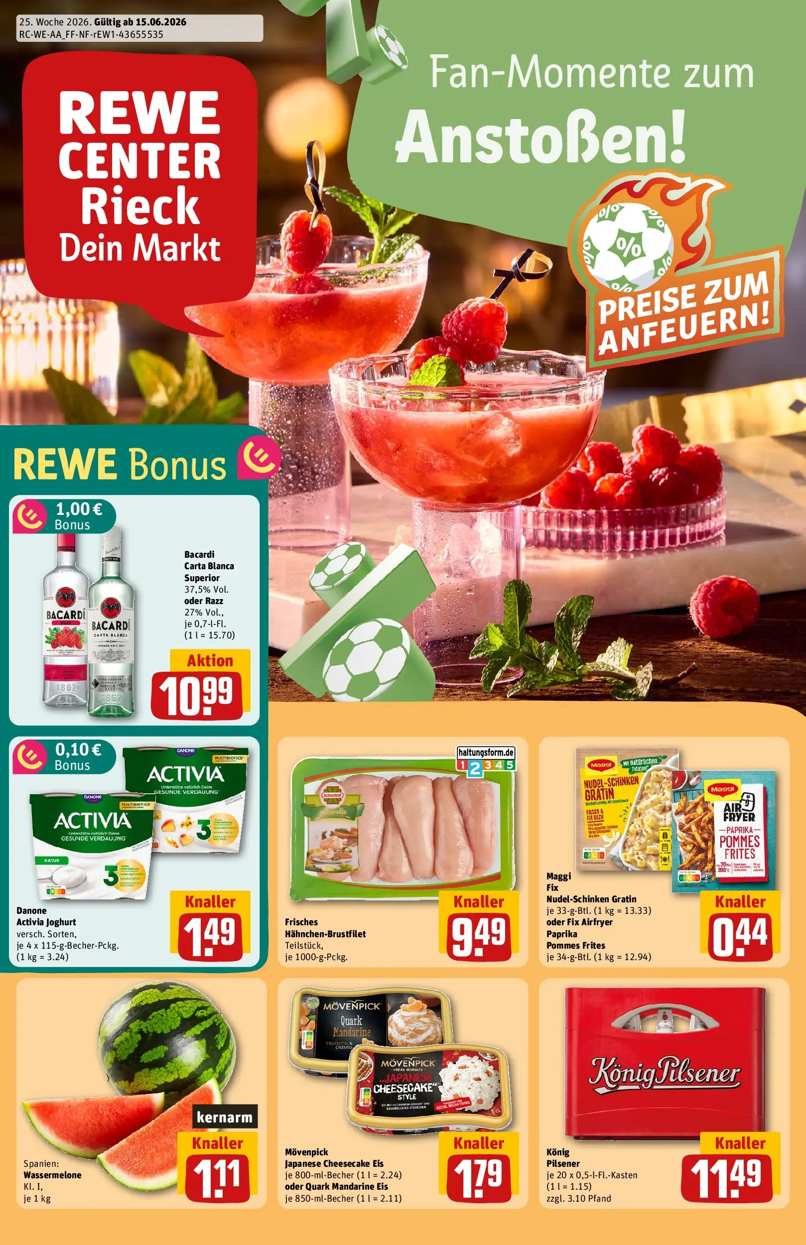 REWE Prospekt ab 14.06.2026 zum Blättern » Angebote | Seite: 1 | Produkte: Bacardi, Quark, Maggi fix, Wassermelone