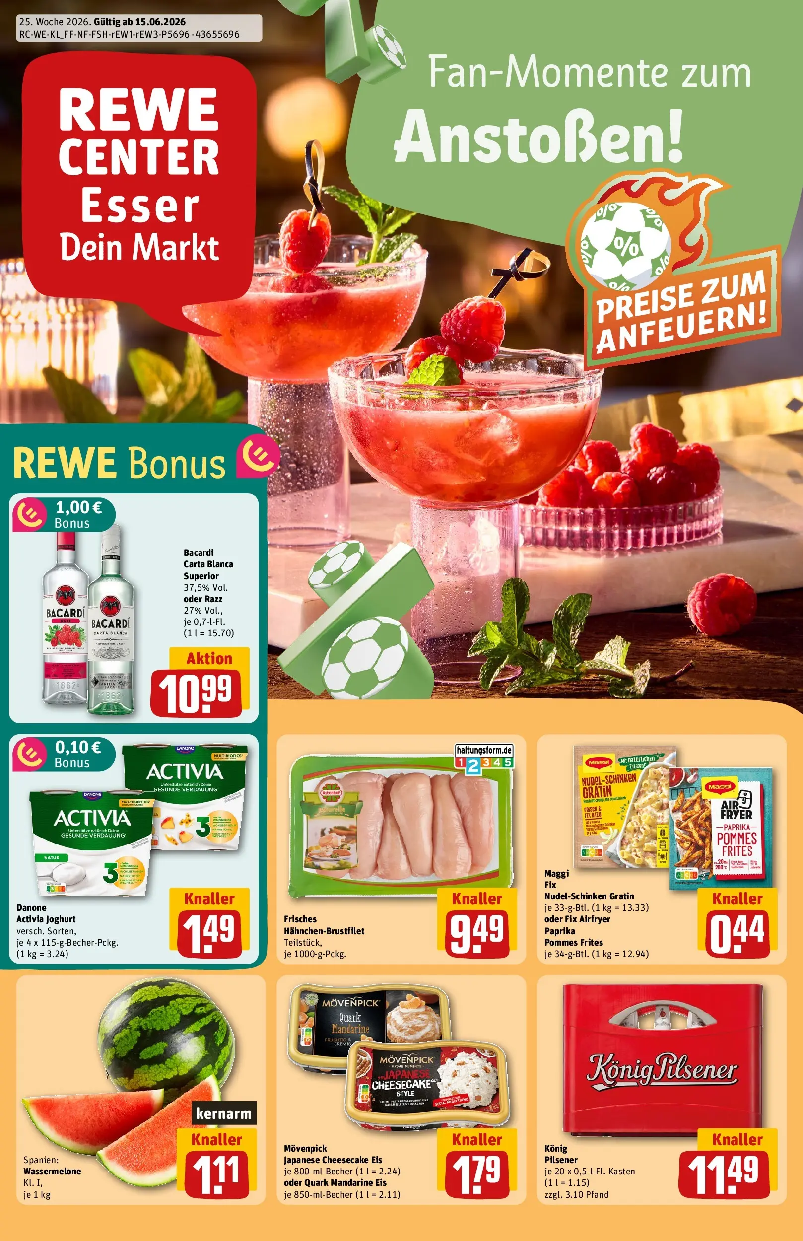 REWE Prospekt ab 14.06.2026 zum Blättern » Angebote | Seite: 1 | Produkte: Bacardi, Konig pilsener, Joghurt, Pommes frites