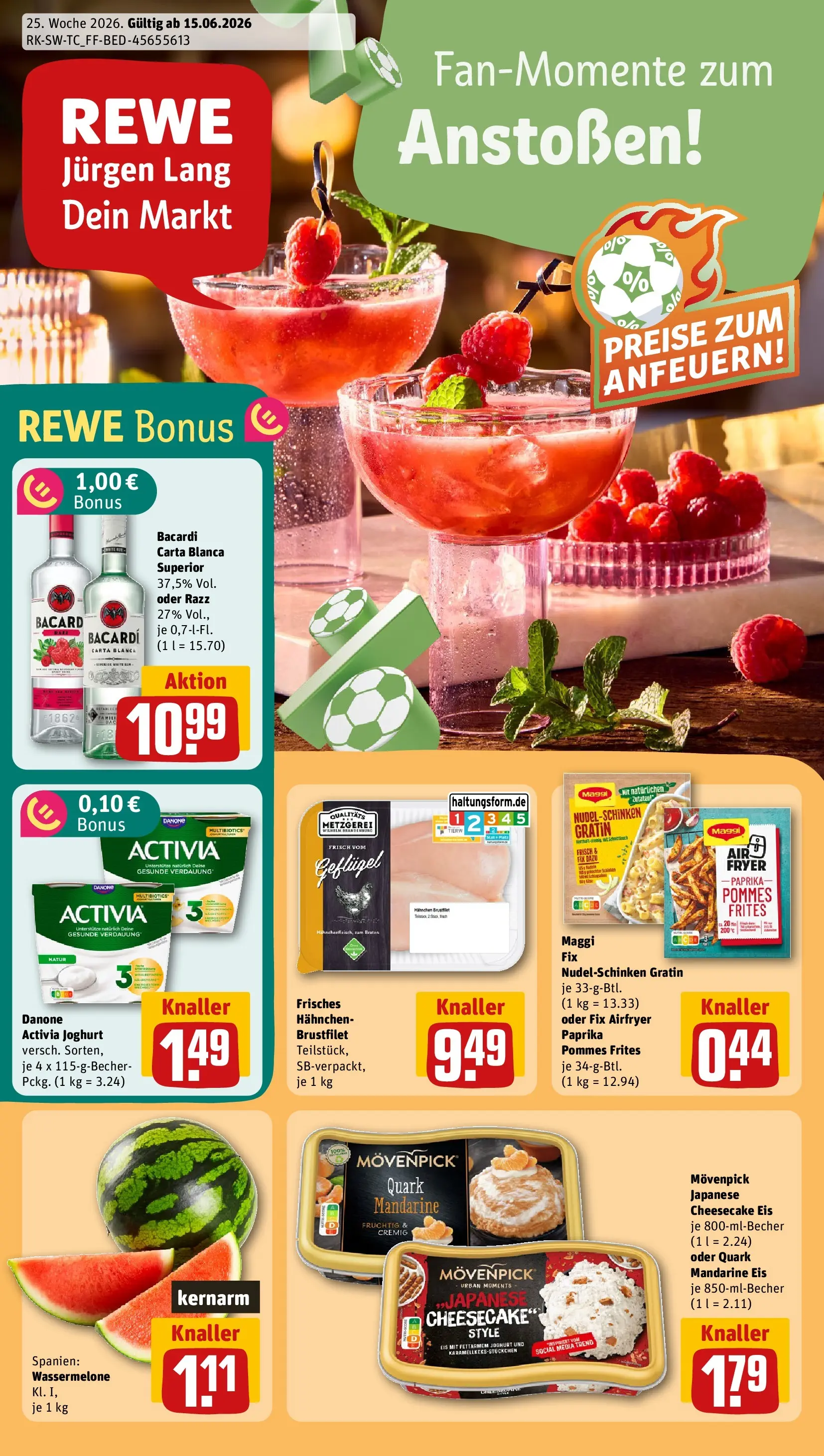 REWE Prospekt ab 14.06.2026 zum Blättern » Angebote | Seite: 1 | Produkte: Activia, Danone activia, Rum, Wassermelone