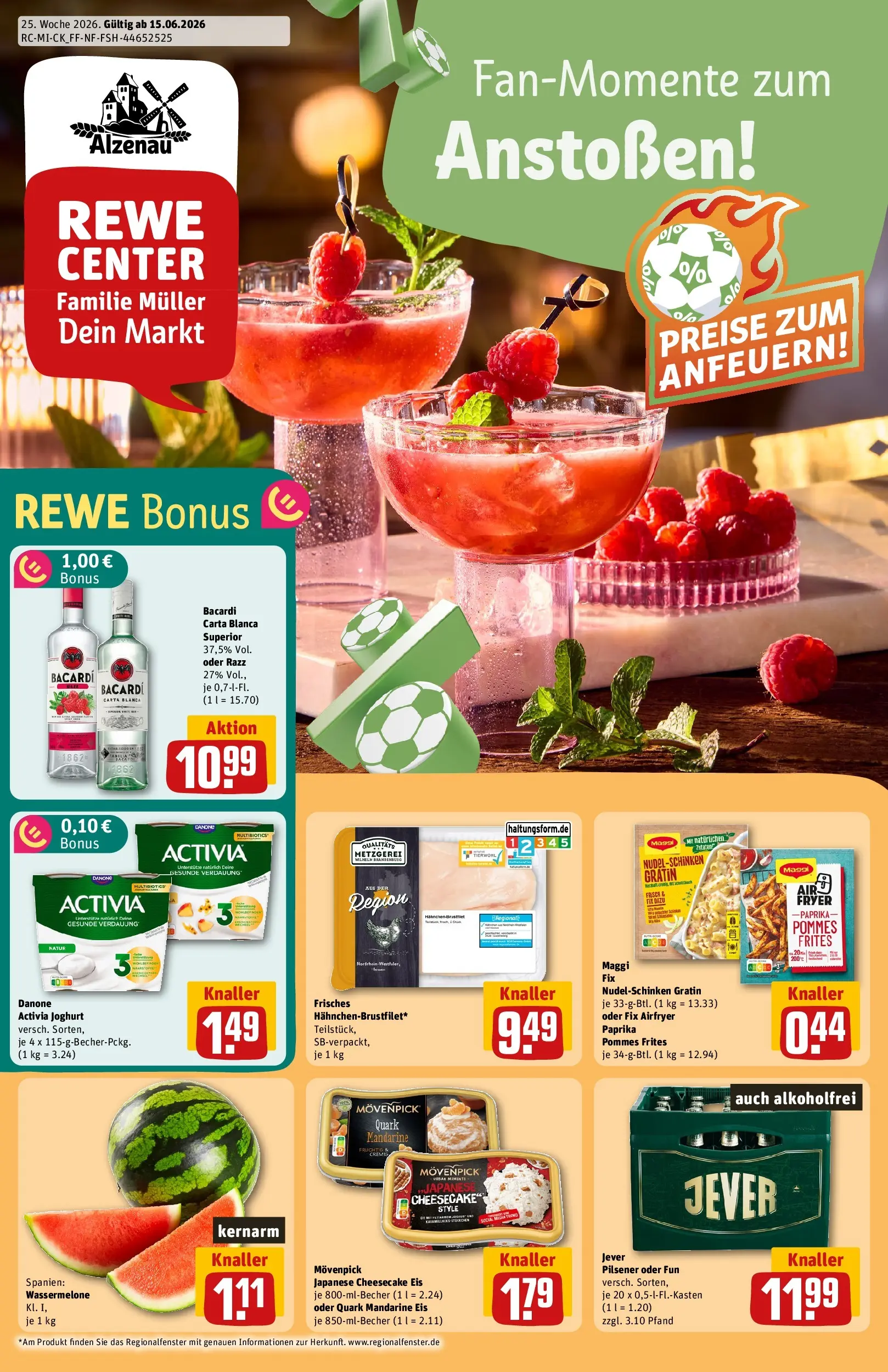 REWE Prospekt ab 14.06.2026 zum Blättern » Angebote | Seite: 1 | Produkte: Bacardi, Activia, Jever, Eis