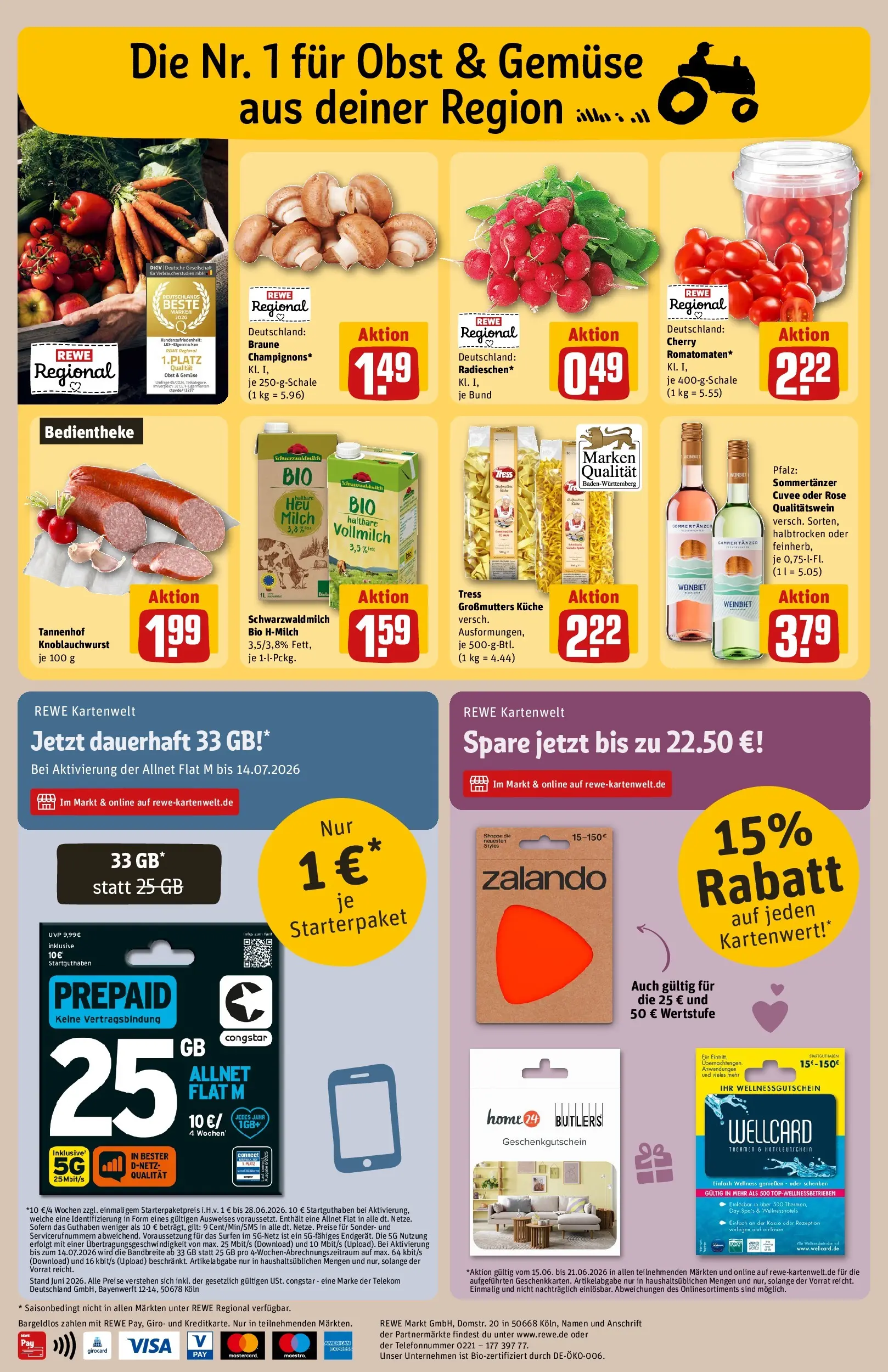 REWE Prospekt ab 14.06.2026 zum Blättern » Angebote | Seite: 26 | Produkte: Milch, Gemüse, Obst, Pasta