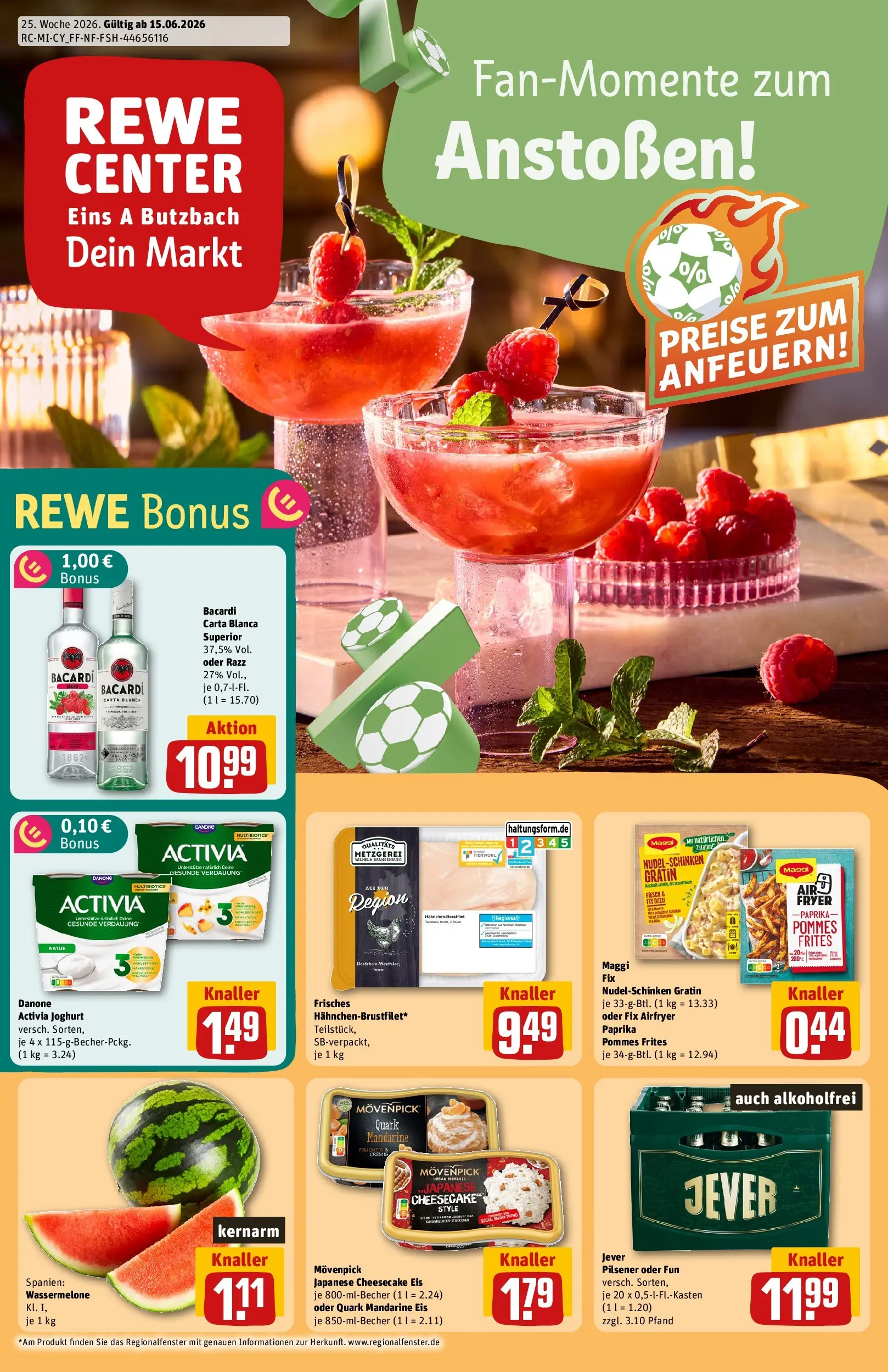 REWE Prospekt ab 14.06.2026 zum Blättern » Angebote | Seite: 1 | Produkte: Bacardi, Quark, Pommes, Wassermelone