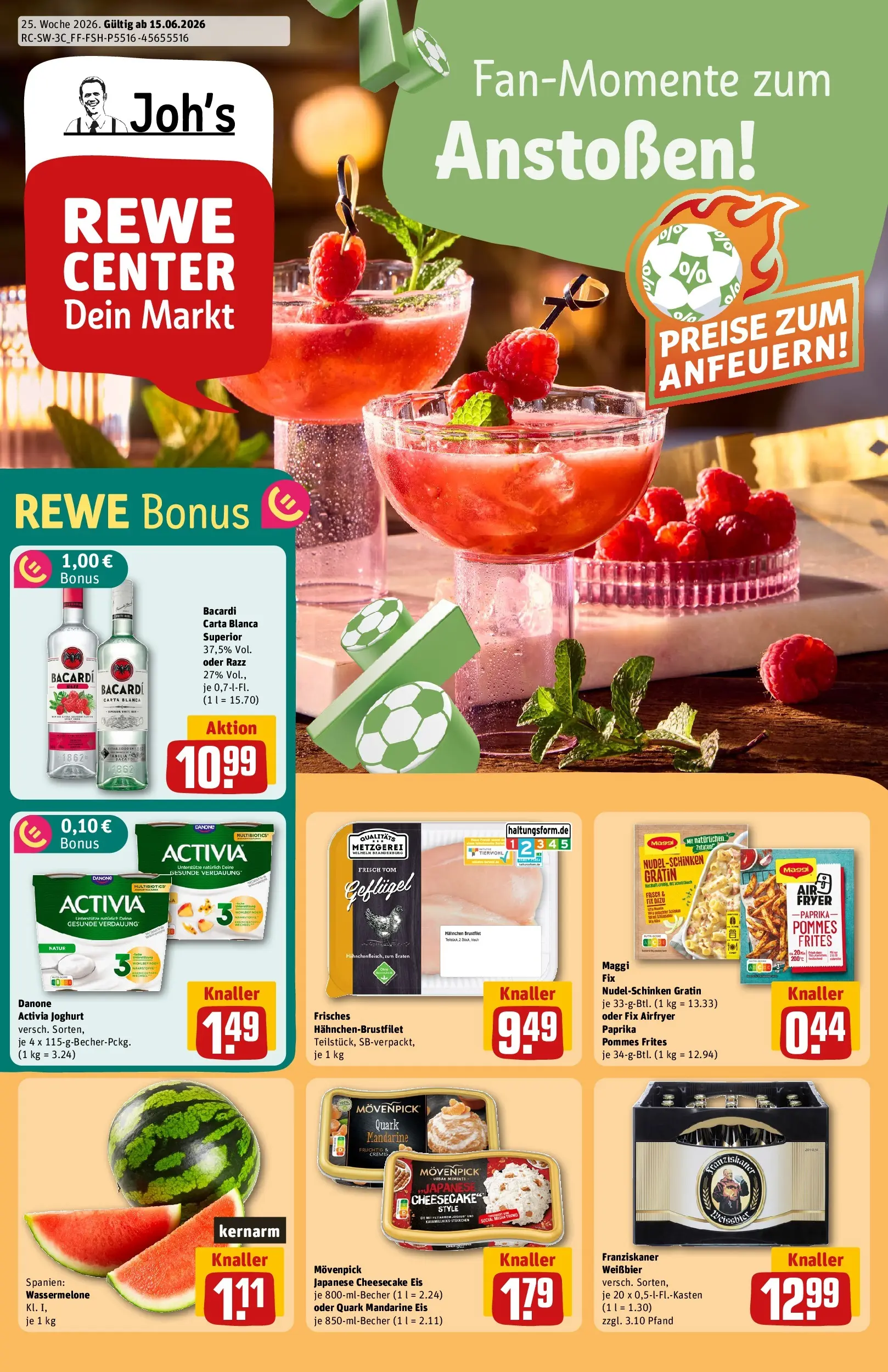 REWE Prospekt ab 14.06.2026 zum Blättern » Angebote | Seite: 1 | Produkte: Activia, Weißbier, Pommes, Paprika