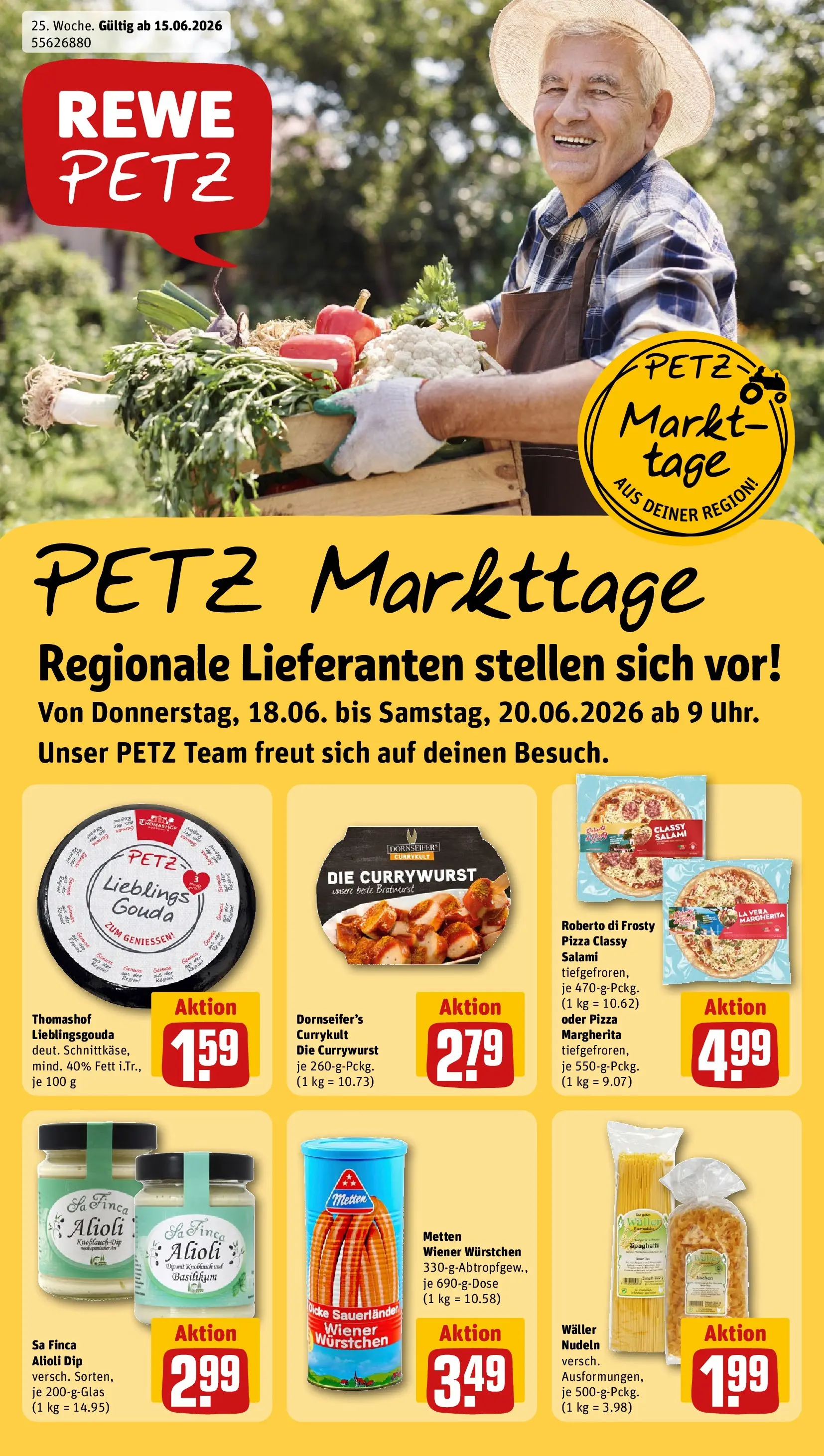 REWE Prospekt ab 14.06.2026 zum Blättern » Angebote | Seite: 1 | Produkte: Wiener wurstchen, Knoblauch, Salami, Pizza