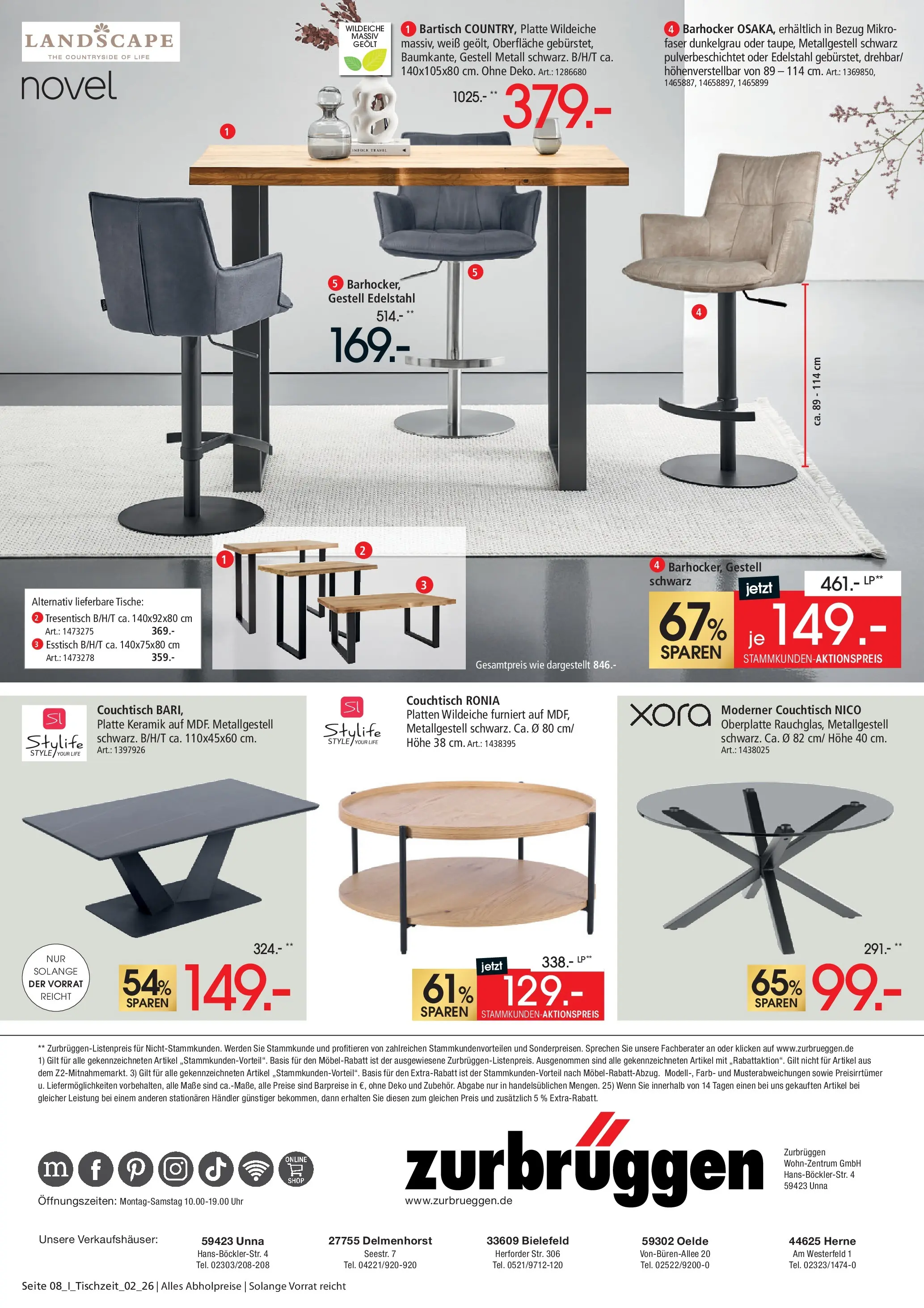 Zurbrüggen Tischzeit (ab 12.06.2026) zum Blättern | Seite: 8 | Produkte: Bartisch, Barhocker, Couchtisch, Uhr