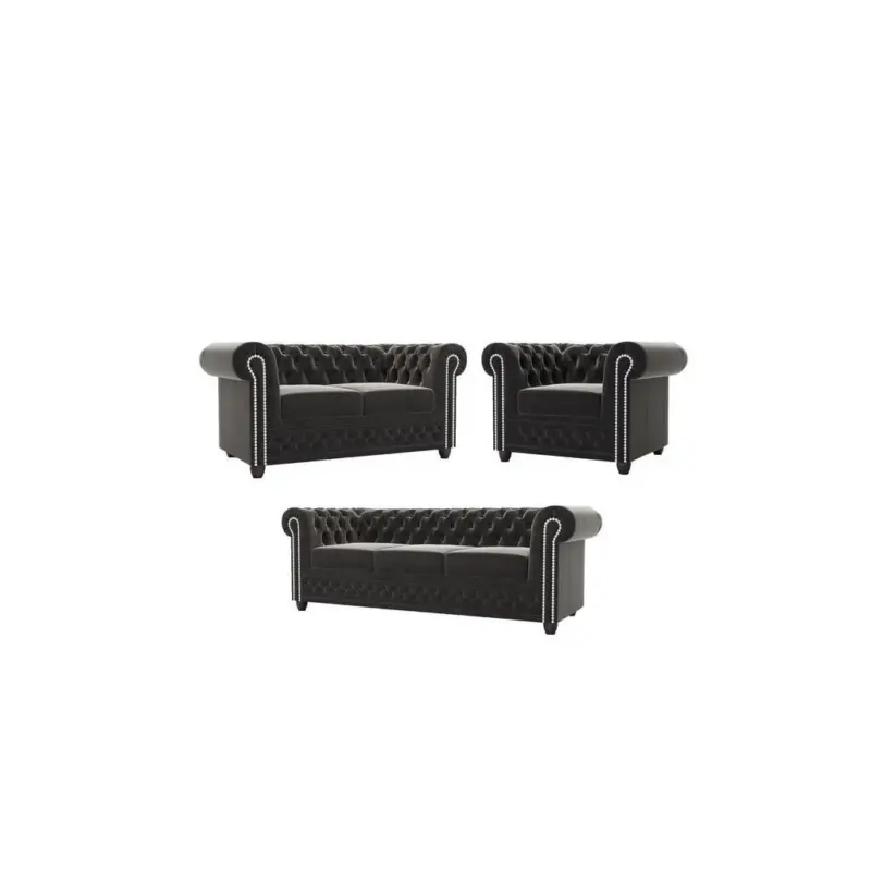 Sitzgarnitur mit Schlaffunktion 3+2+1 Chesterfield Nyx Schwarz Samt