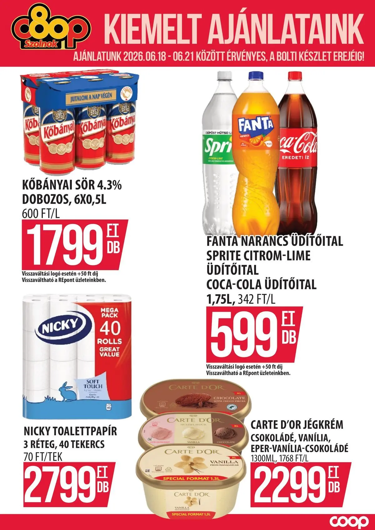 COOP Szolnok akciós újság Szolnok - 2026.06.18. -tól/töl > akció, lapozható szórólap 🛍️ | Oldal: 1 | Termékek: Kisela pavlaka, Sör, Narancs, Jégkrém