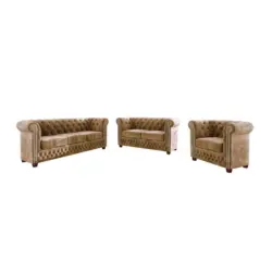 Sitzgarnitur 3+2+1 Chesterfield Lauren Beige Samt