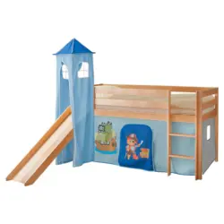 Spielbett Absturzsicherung, Leiter, Rutsche, Turm, Vorhang 90/200 cm in Blau, Kieferfarben