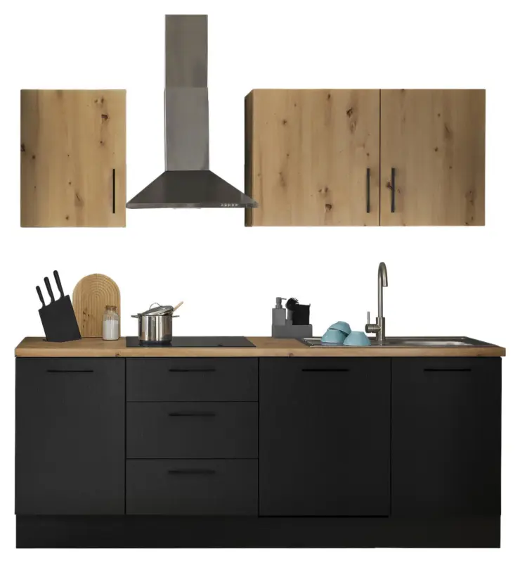 K&uuml;chenblock TURIN 220cm schwarz/Artisan ohne Ger&auml;te
