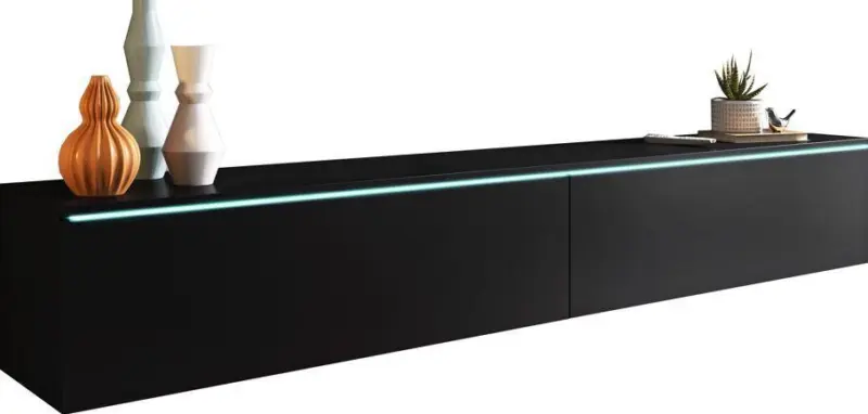 Lowboard ca. 180x30 cm mit LED Schwarz/Graphit matt
