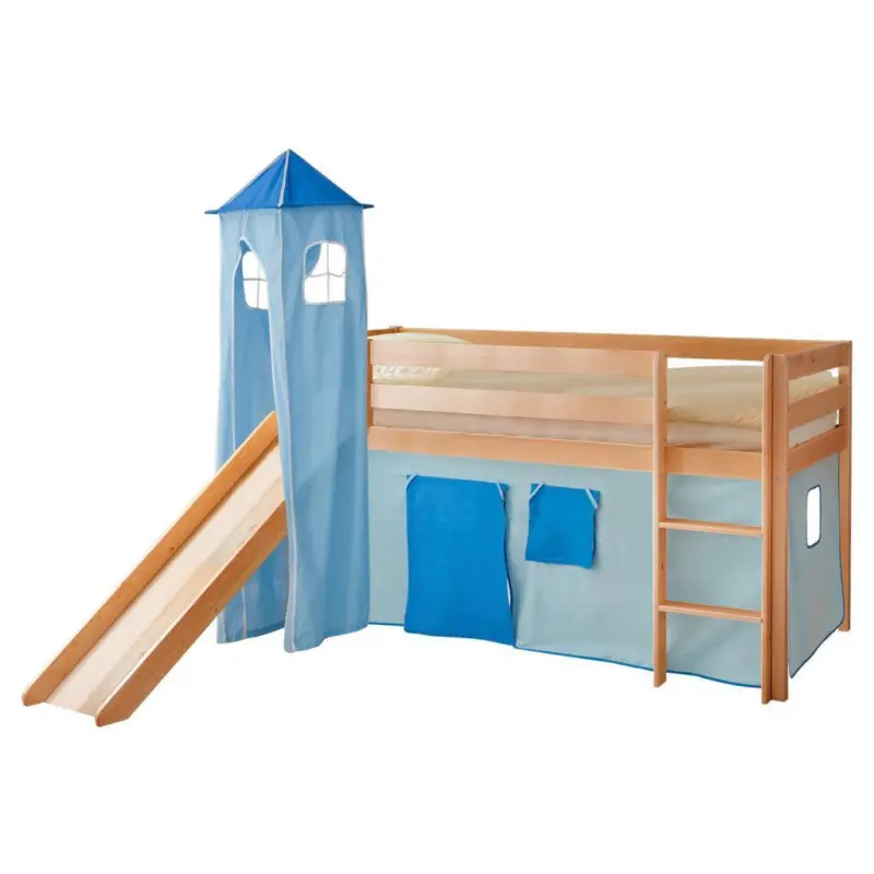 Spielbett Kasper Blau Kiefer massiv 90 cm Turm Rutsche