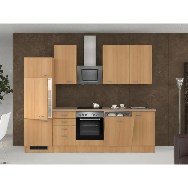 K&uuml;chenzeile Nano m. Ger&auml;ten 280 cm Buche/Creme Dekor
