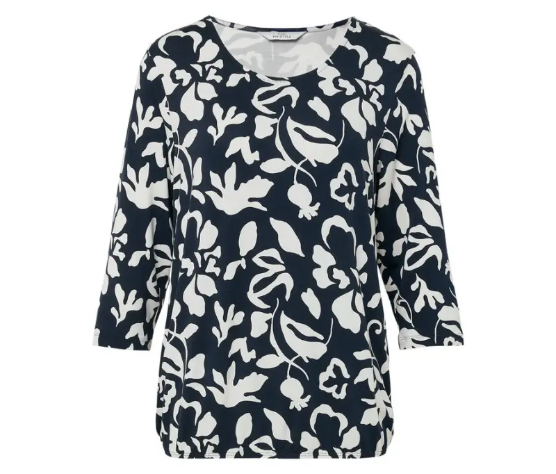 Bedrucktes Blusenshirt, dunkelblau-wei&szlig;er Alloverprint