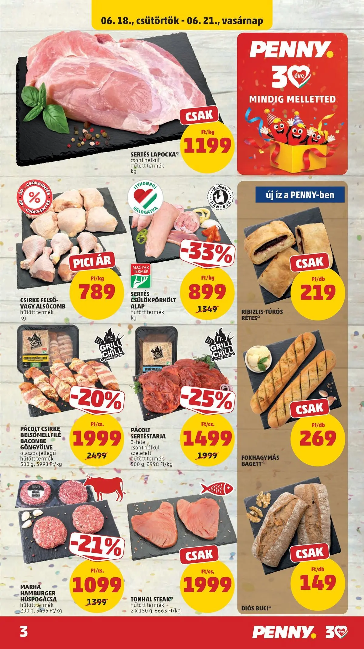 PENNY - Penny újság érvényessége 2026.06.24-ig: 2026.06.17.-tól lapozható | Oldal: 3 | Termékek: Sertéstarja, Tonhal, Hamburger, Grill