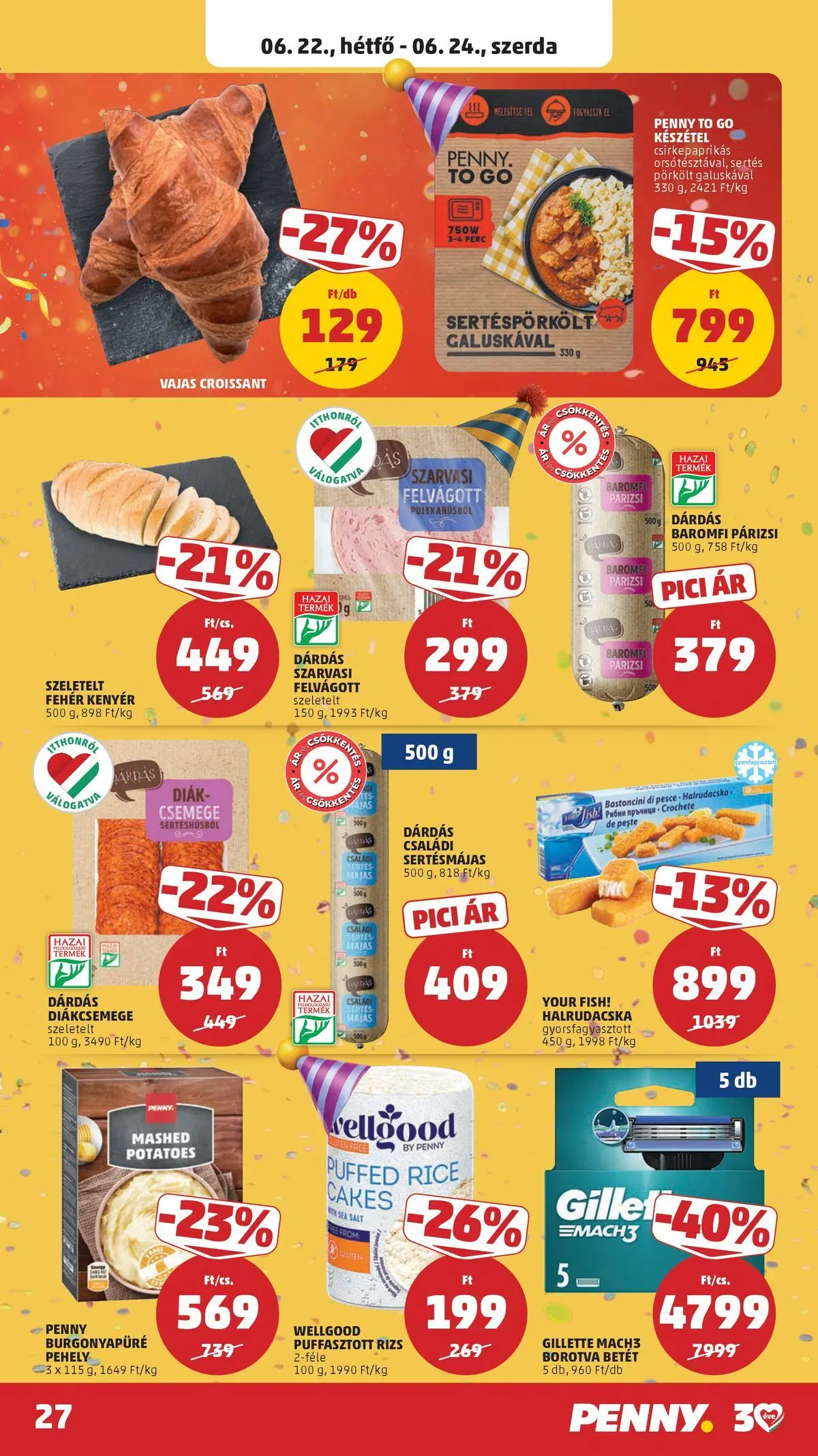 PENNY - Penny újság érvényessége 2026.06.24-ig: 2026.06.17.-tól lapozható | Oldal: 27 | Termékek: Diákcsemege, Borotva, Kenyér, Halrudacska