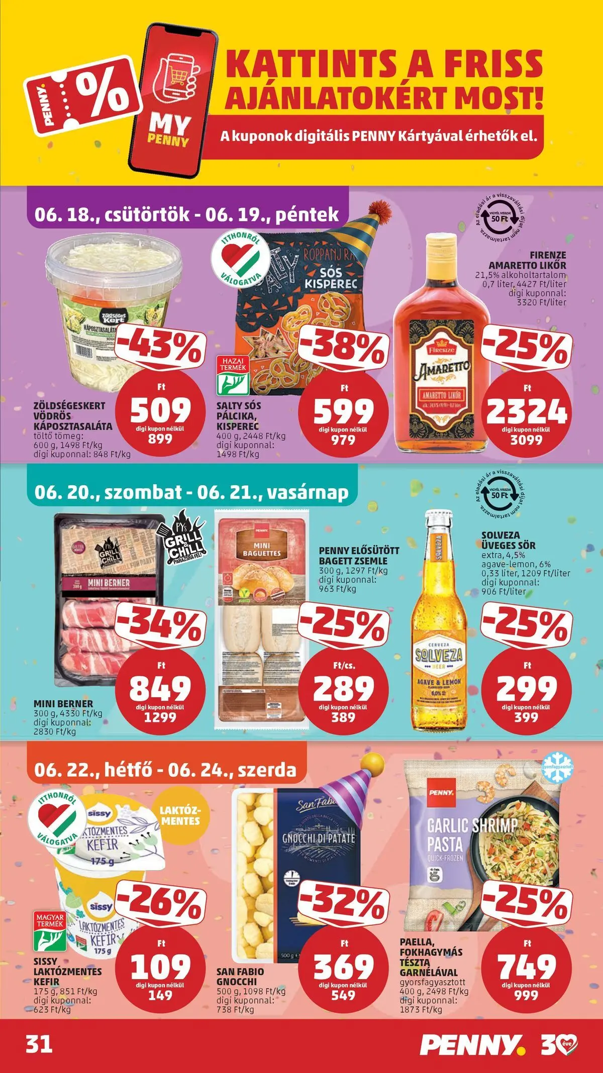 PENNY - Penny újság érvényessége 2026.06.24-ig: 2026.06.17.-tól lapozható | Oldal: 31 | Termékek: Bagett, Tészta, Gnocchi, Likőr