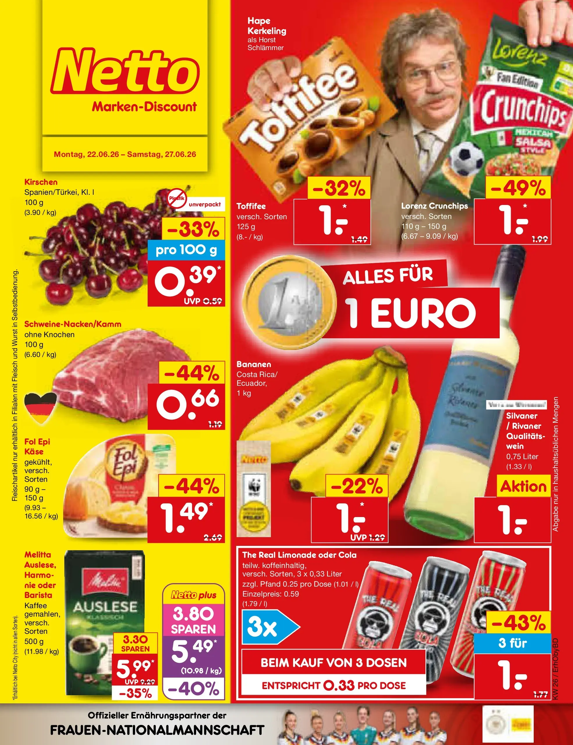 Netto Marken-Discount Prospekt Ergolding (ab 22.06.2026) » Angebote | Seite: 1 | Produkte: Cola, Kaffee, Limonade, Lorenz crunchips