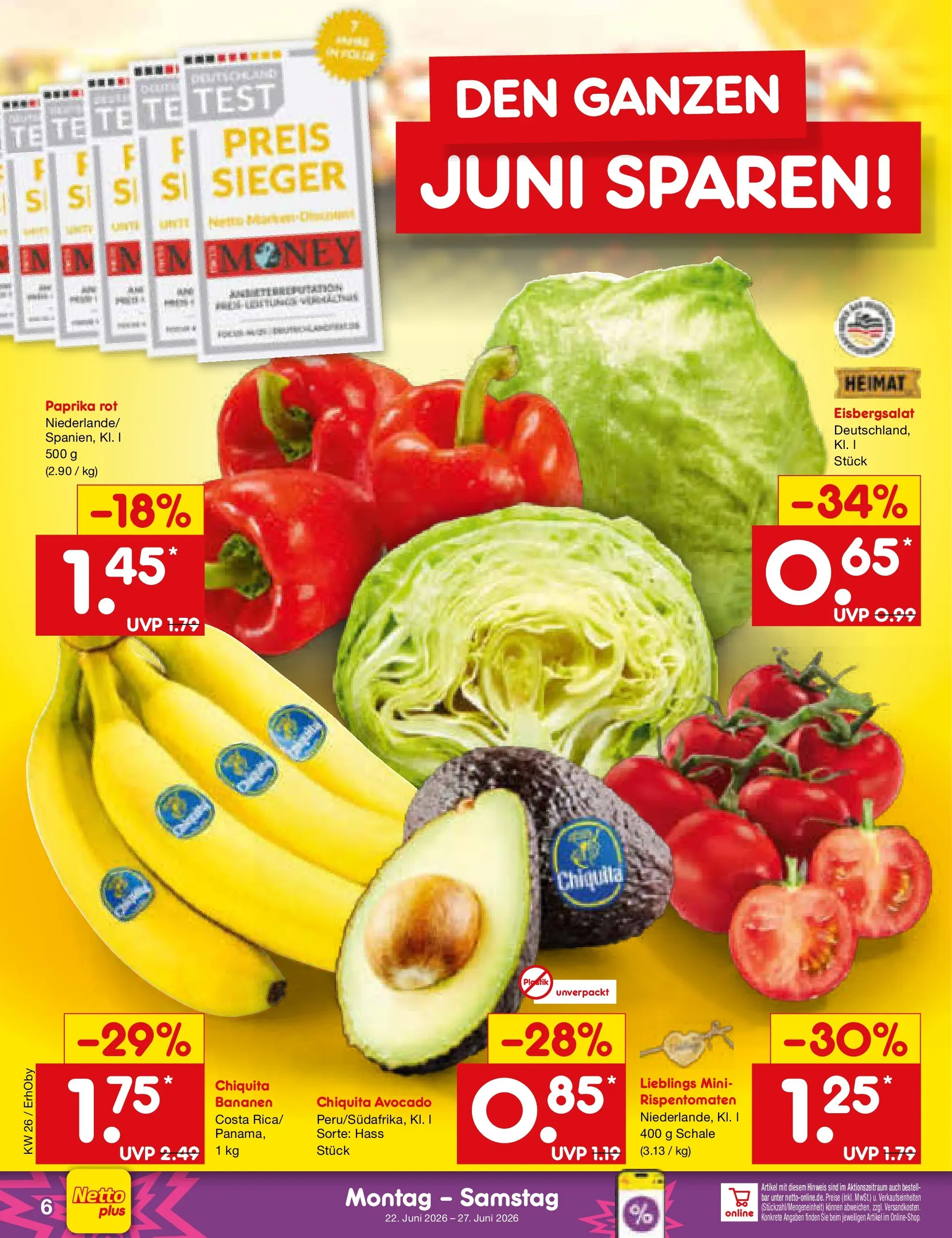 Netto Marken-Discount Prospekt Metten (ab 21.06.2026) » Angebote | Seite: 8 | Produkte: Paprika rot, Eisbergsalat, Avocado, Paprika