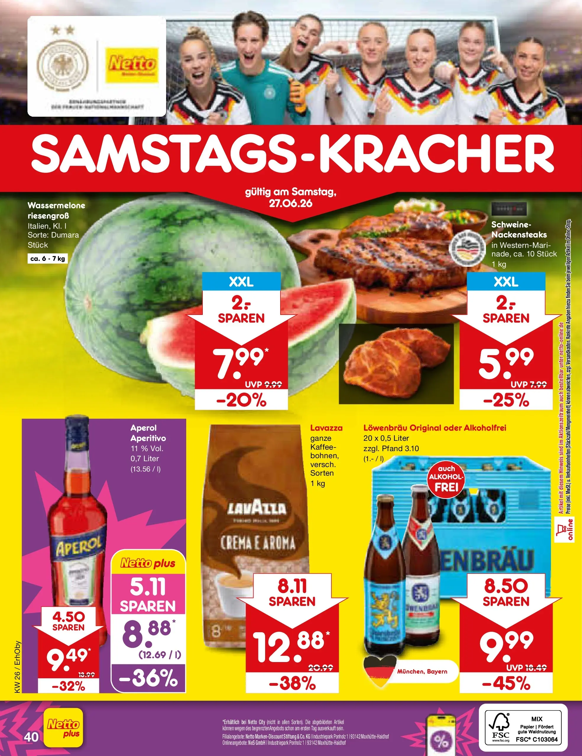 Netto Marken-Discount Prospekt Metten (ab 21.06.2026) » Angebote | Seite: 52 | Produkte: Nackensteaks, Lavazza, Wassermelone, Aperol