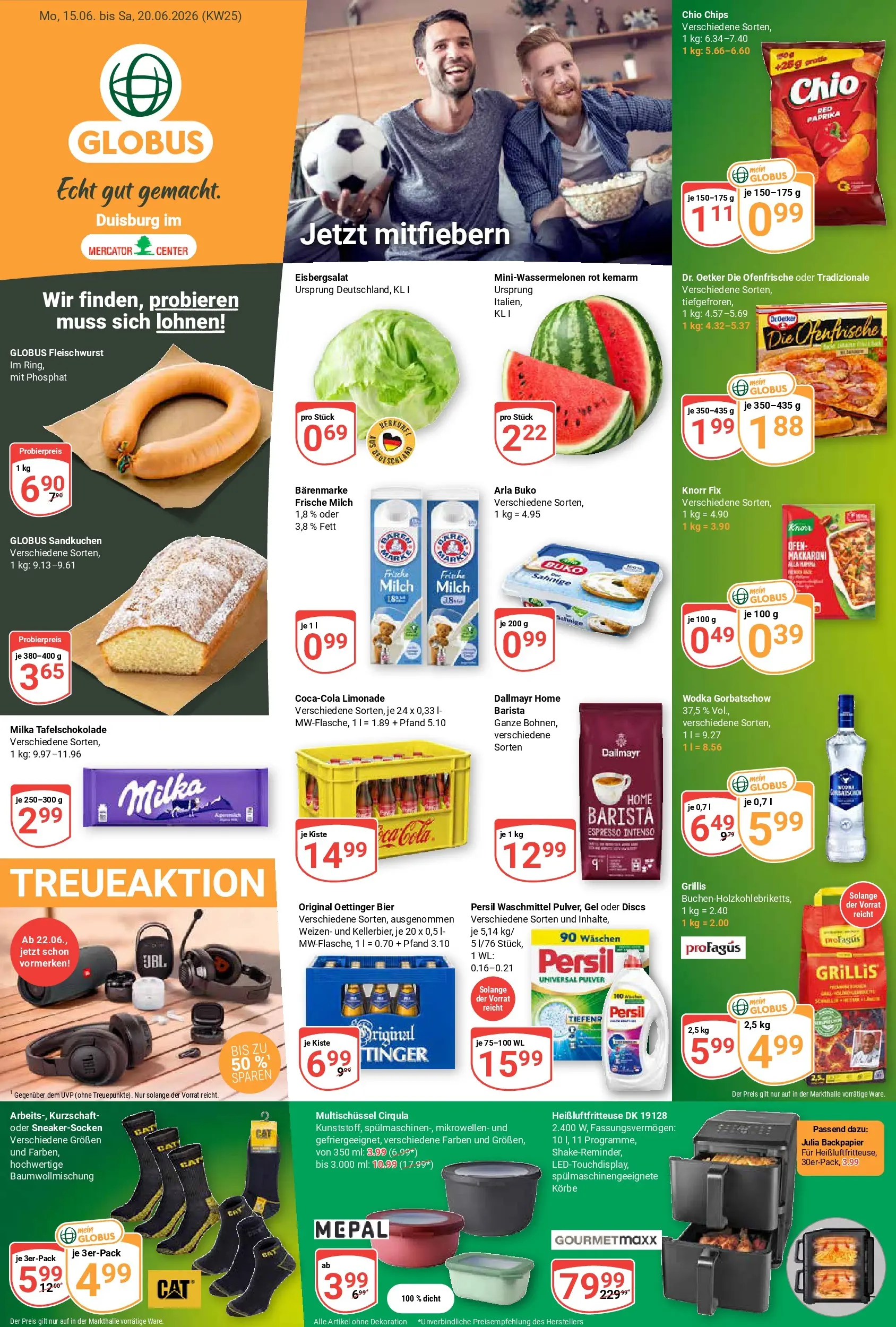 Globus Prospekt Duisburg (ab 15.06.2026) » Angebote online | Seite: 1 | Produkte: Milch, Eisbergsalat, Milka, Heißluftfritteuse