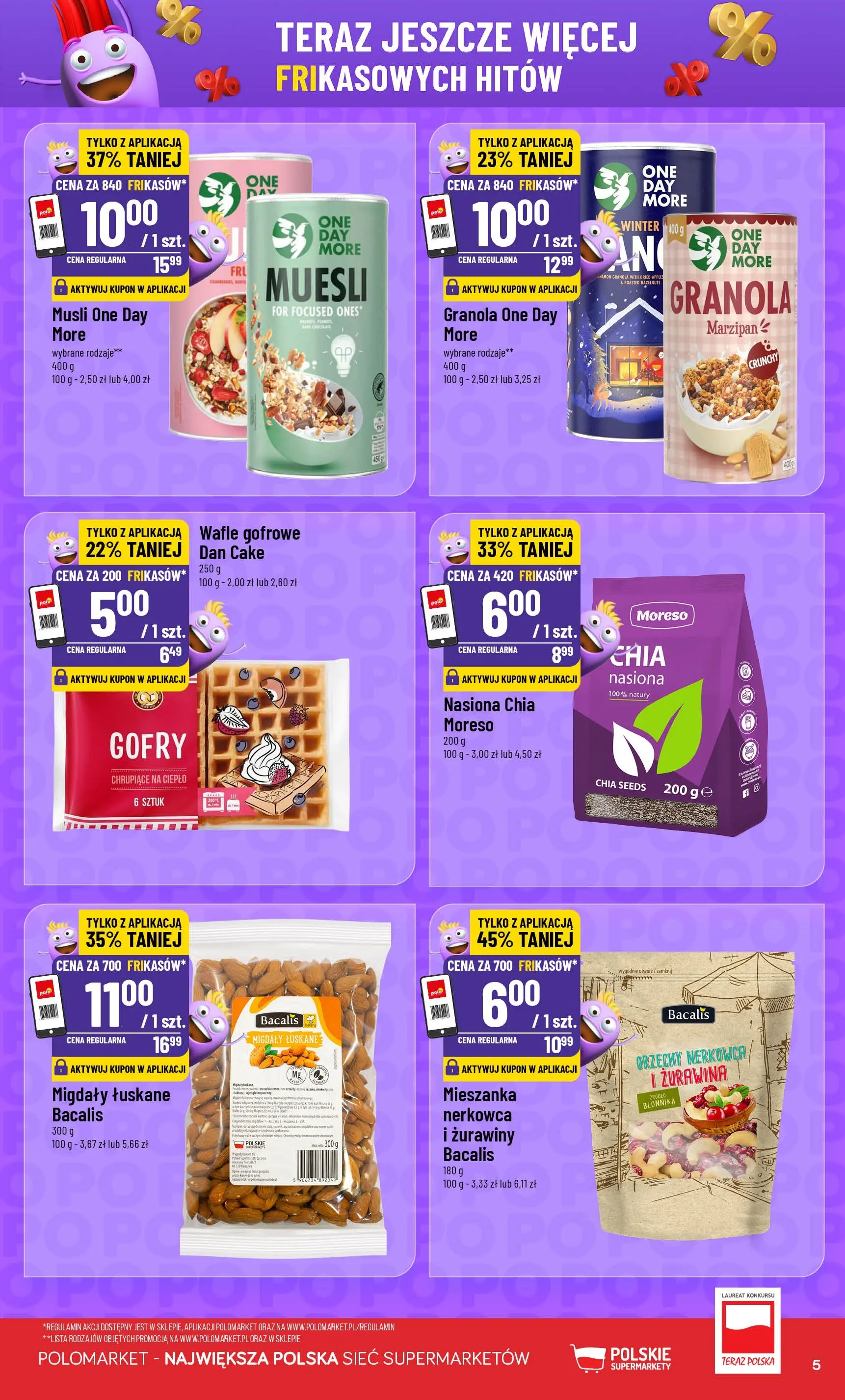 Nowa POLOmarket gazetka od jutra 17.06.2026 | Strona: 5 | Produkty: Wafle, Granola, Nasiona chia, Orzechy