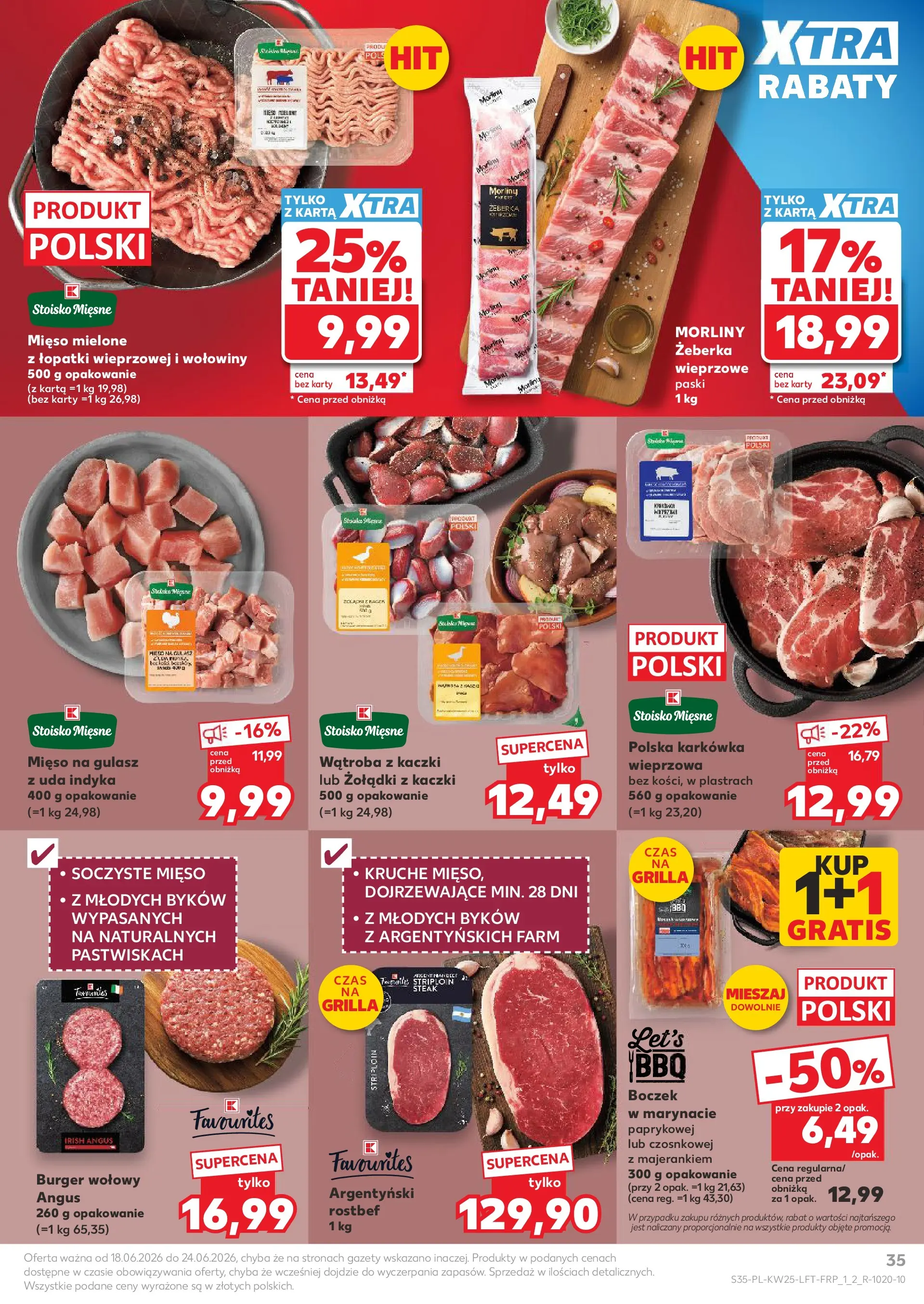 Kaufland gazetka (18.06.2026) - od jutra | Strona: 35 | Produkty: Burger wołowy, Karkówka, Mięso na gulasz, Boczek Kaufland gazetka od 18.06.2026 - od jutra PDF | Strona: 35 | Produkty: Burger wołowy, Karkówka, Mięso na gulasz, Boczek