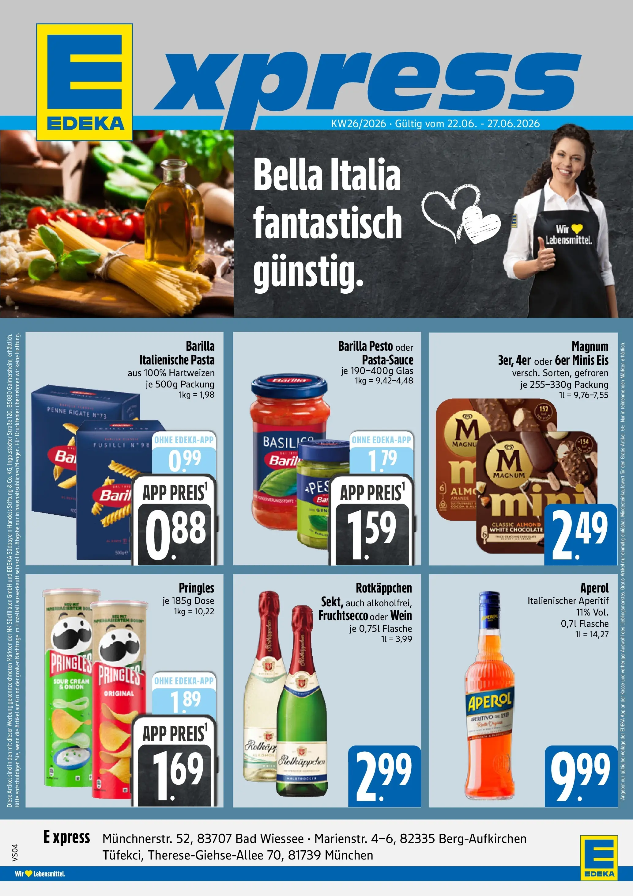 Angebote - E xpress: Wochenangebote (ab 21.06.2026) zum Blättern | Seite: 1 | Produkte: Barilla pesto, Fruchtsecco, Pasta, Eis