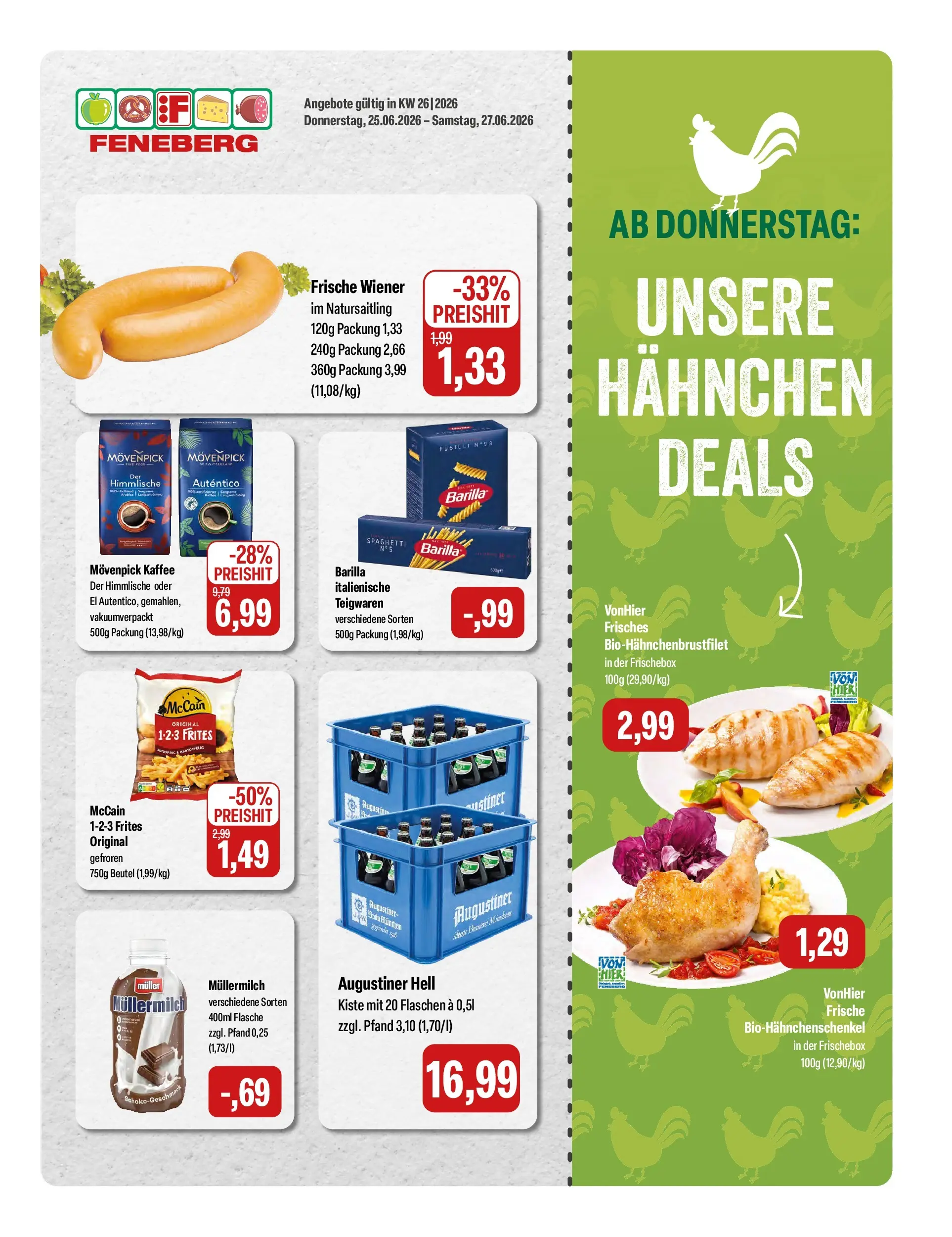 Feneberg Aktuelle Angebote (ab 24.06.2026) zum Blättern | Seite: 1 | Produkte: Hahnchen, Barilla, McCain, Muller mullermilch