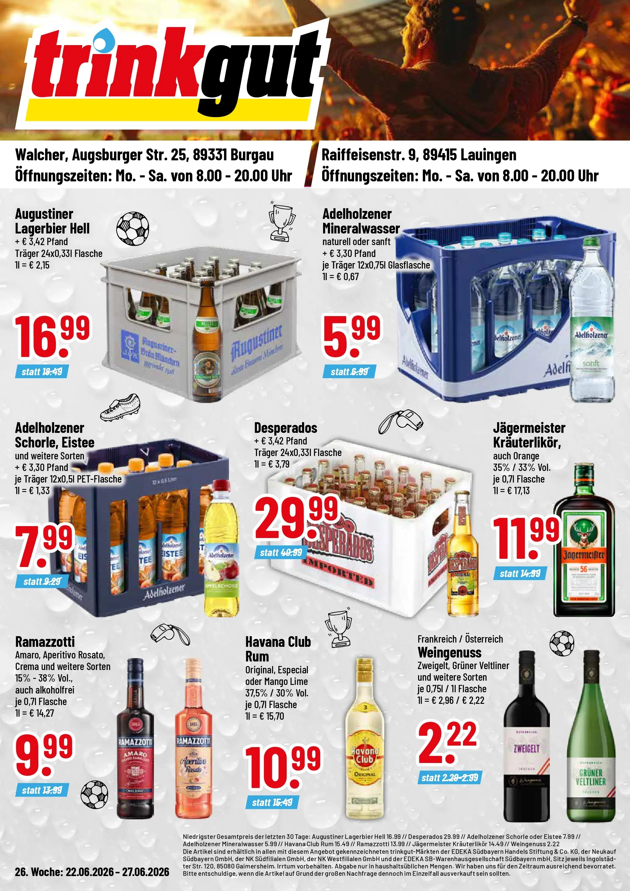Trinkgut Prospekt Burgau (ab 21.06.2026) » Angebote online | Seite: 1 | Produkte: Havana club, Adelholzener, Jägermeister, Uhr