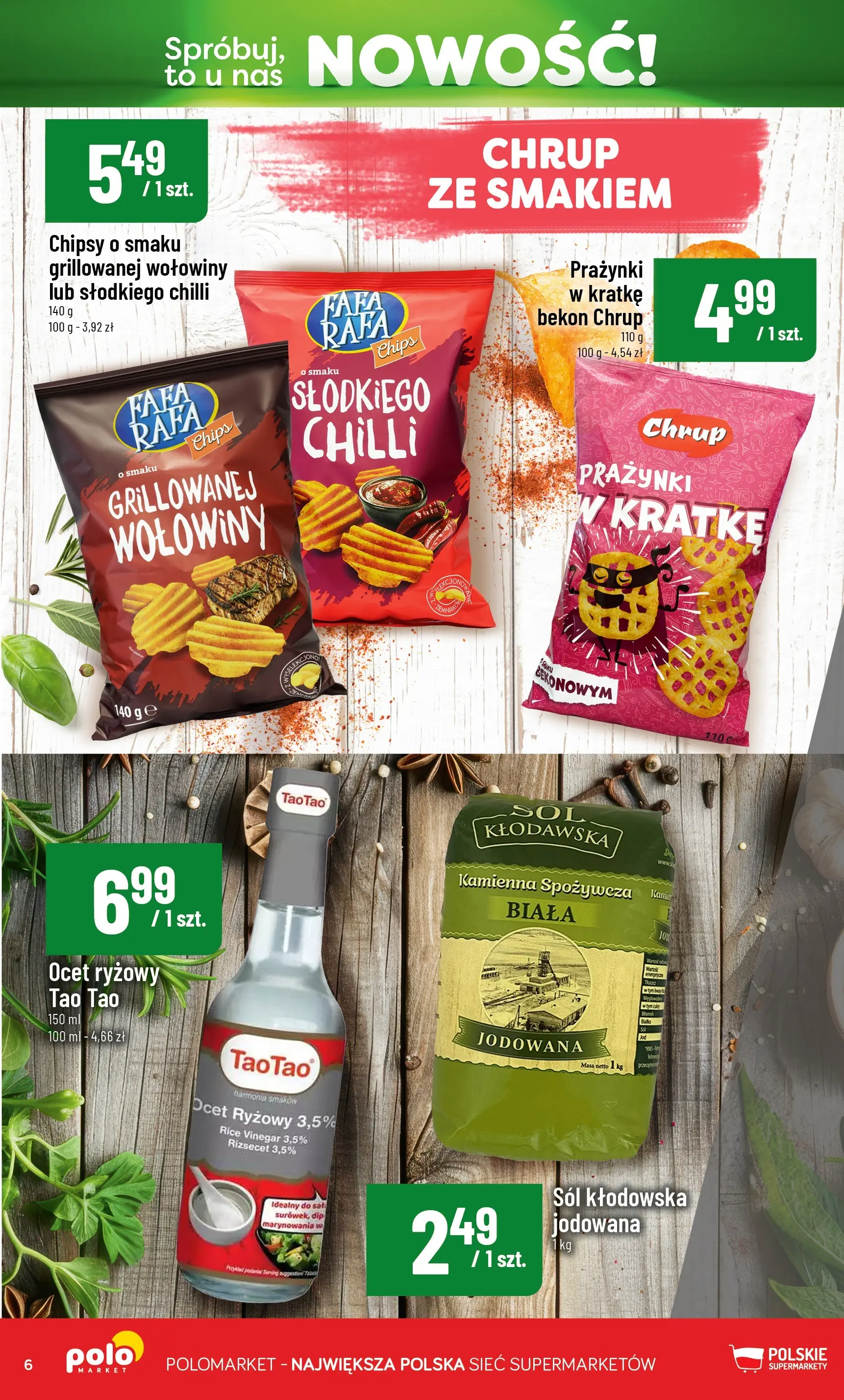Nowa POLOmarket gazetka od jutra 17.06.2026 | Strona: 6 | Produkty: Chipsy, Ocet, Bekon, Sól