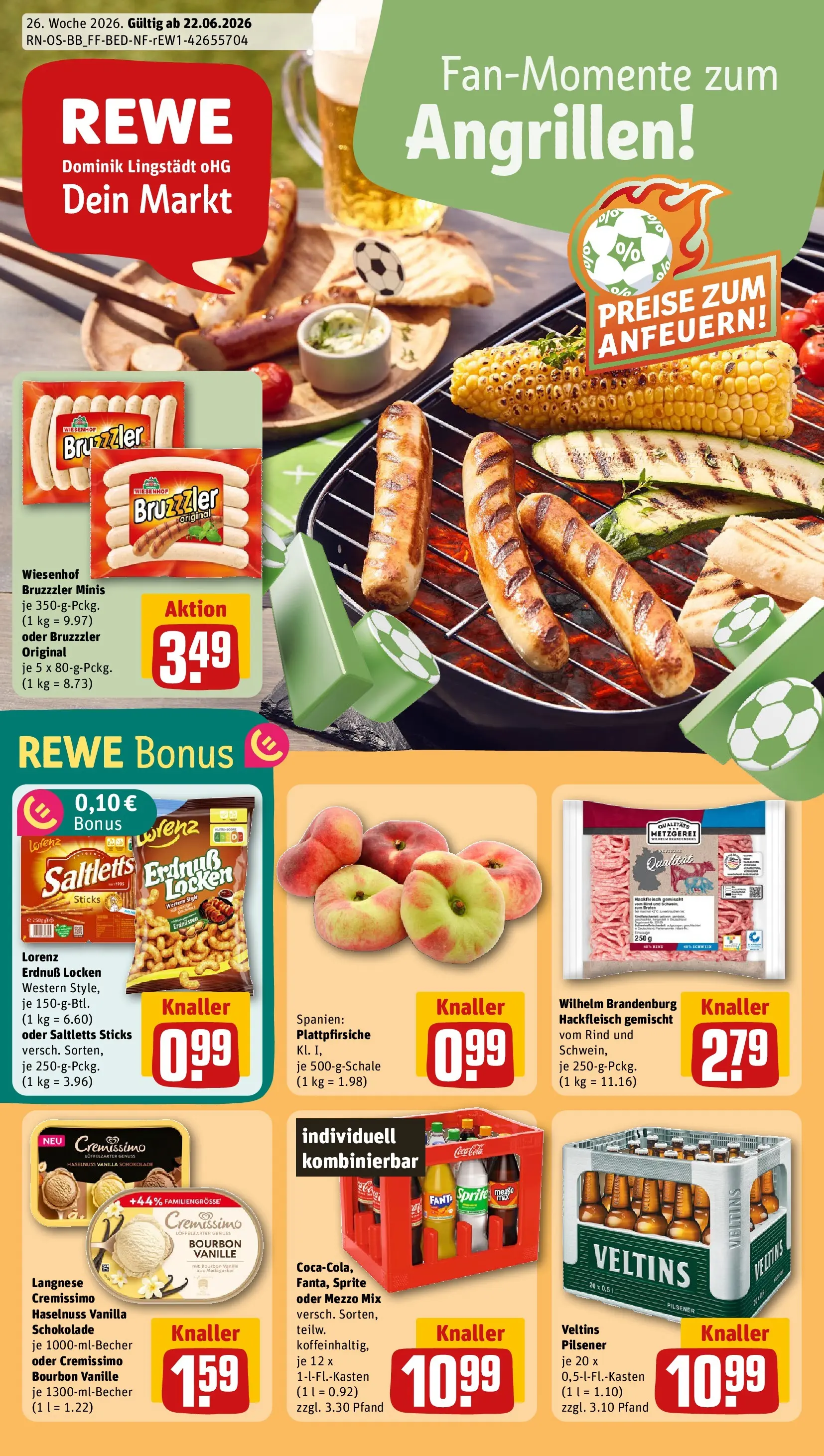 REWE Prospekt ab 21.06.2026 zum Blättern » Angebote | Seite: 1 | Produkte: Langnese, Oder mezzo mix, Bourbon, Veltins
