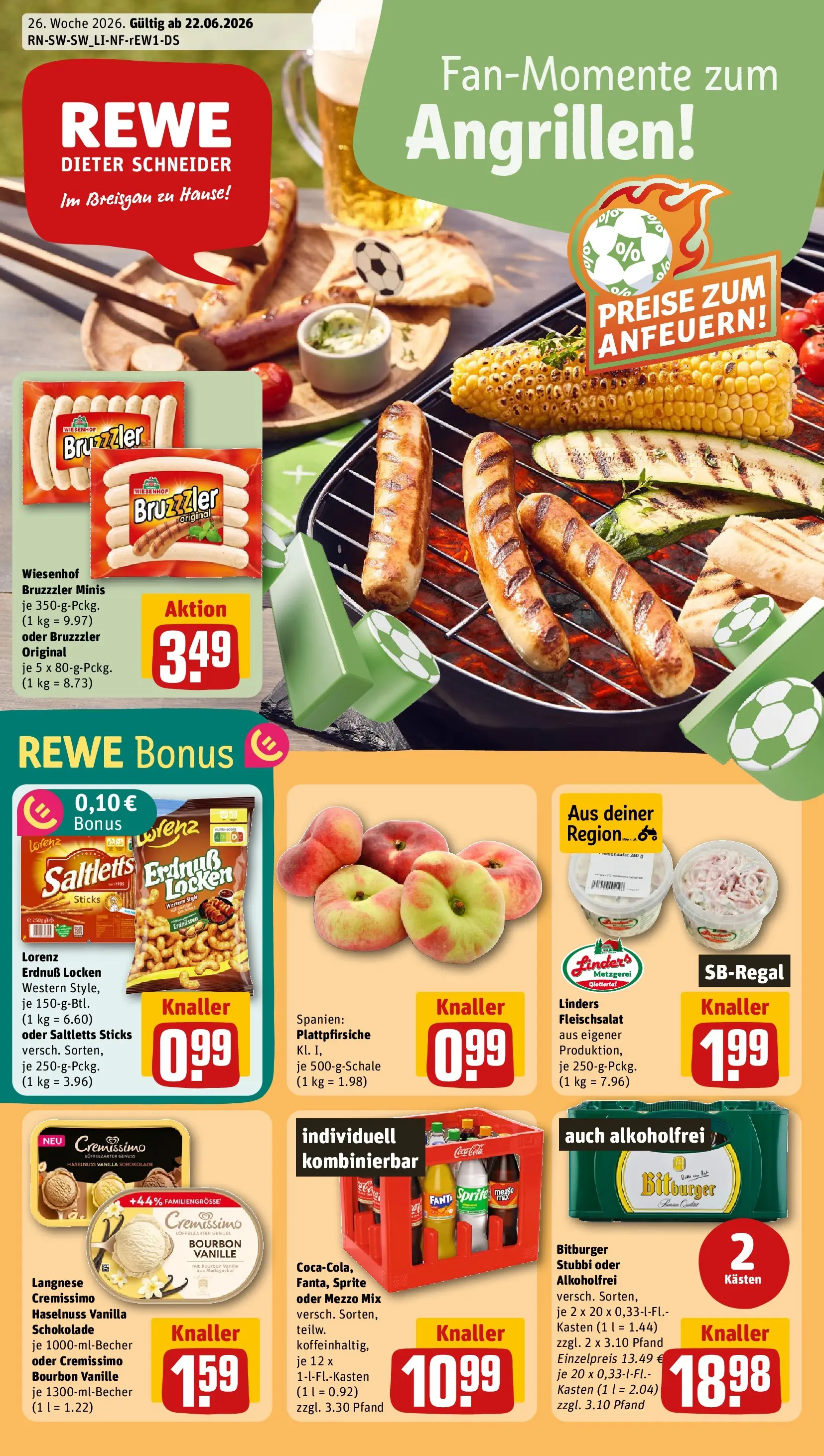 REWE Prospekt ab 21.06.2026 zum Blättern » Angebote | Seite: 1 | Produkte: Bitburger, Langnese, Sprite, Bourbon