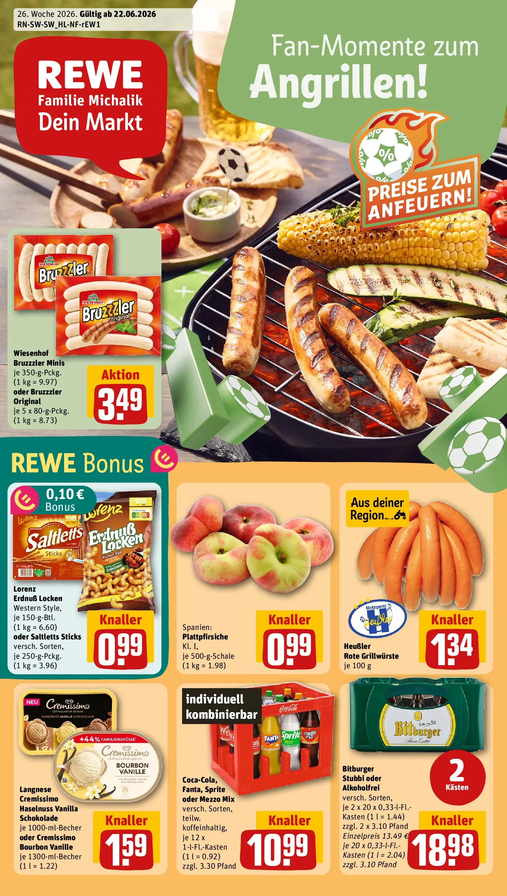 REWE Prospekt ab 21.06.2026 zum Blättern » Angebote | Seite: 1 | Produkte: Bitburger, Fanta, Cola, Oder mezzo mix