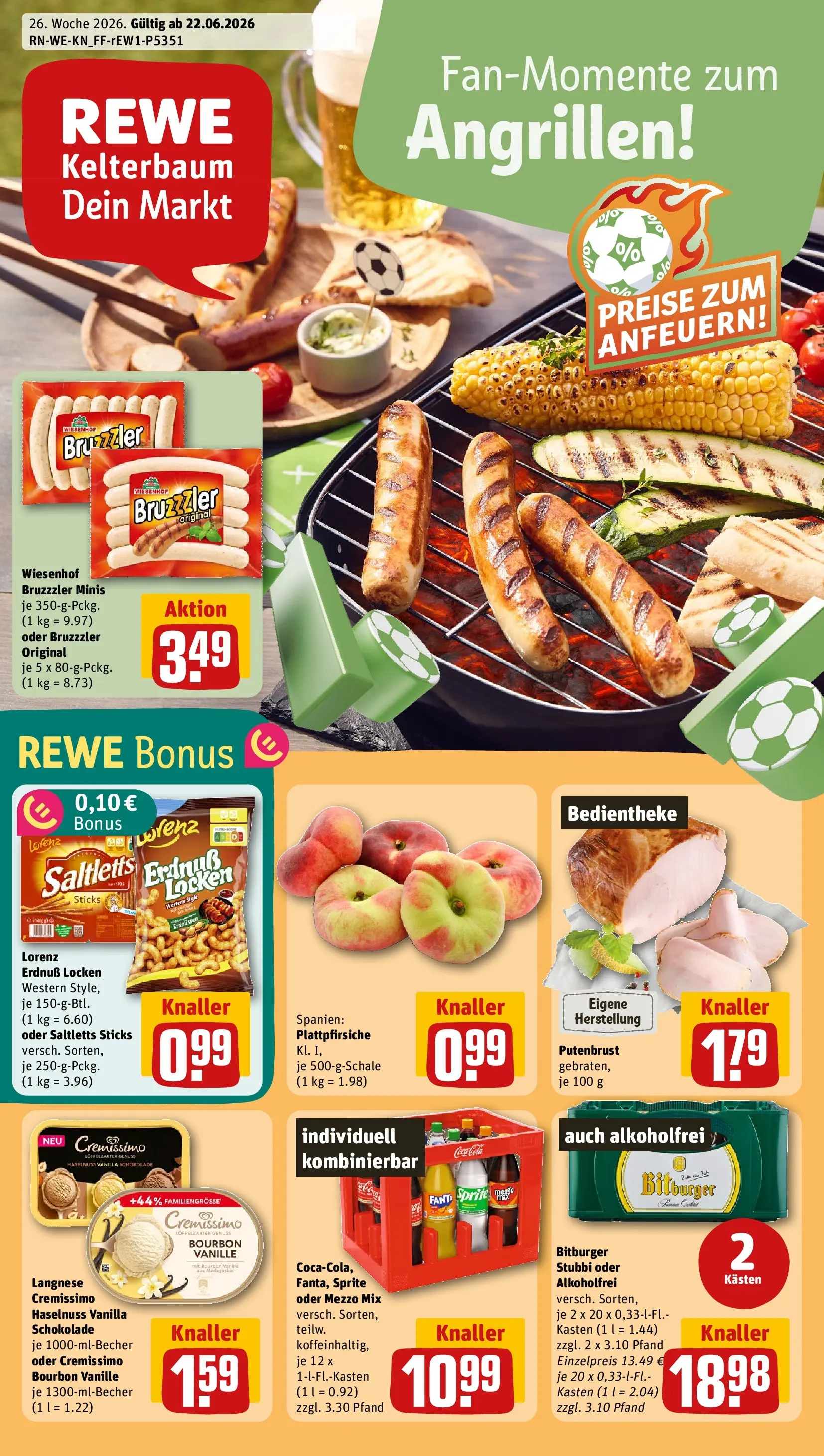 REWE Prospekt ab 21.06.2026 zum Blättern » Angebote | Seite: 1 | Produkte: Langnese, Cremissimo, Schokolade, Bourbon