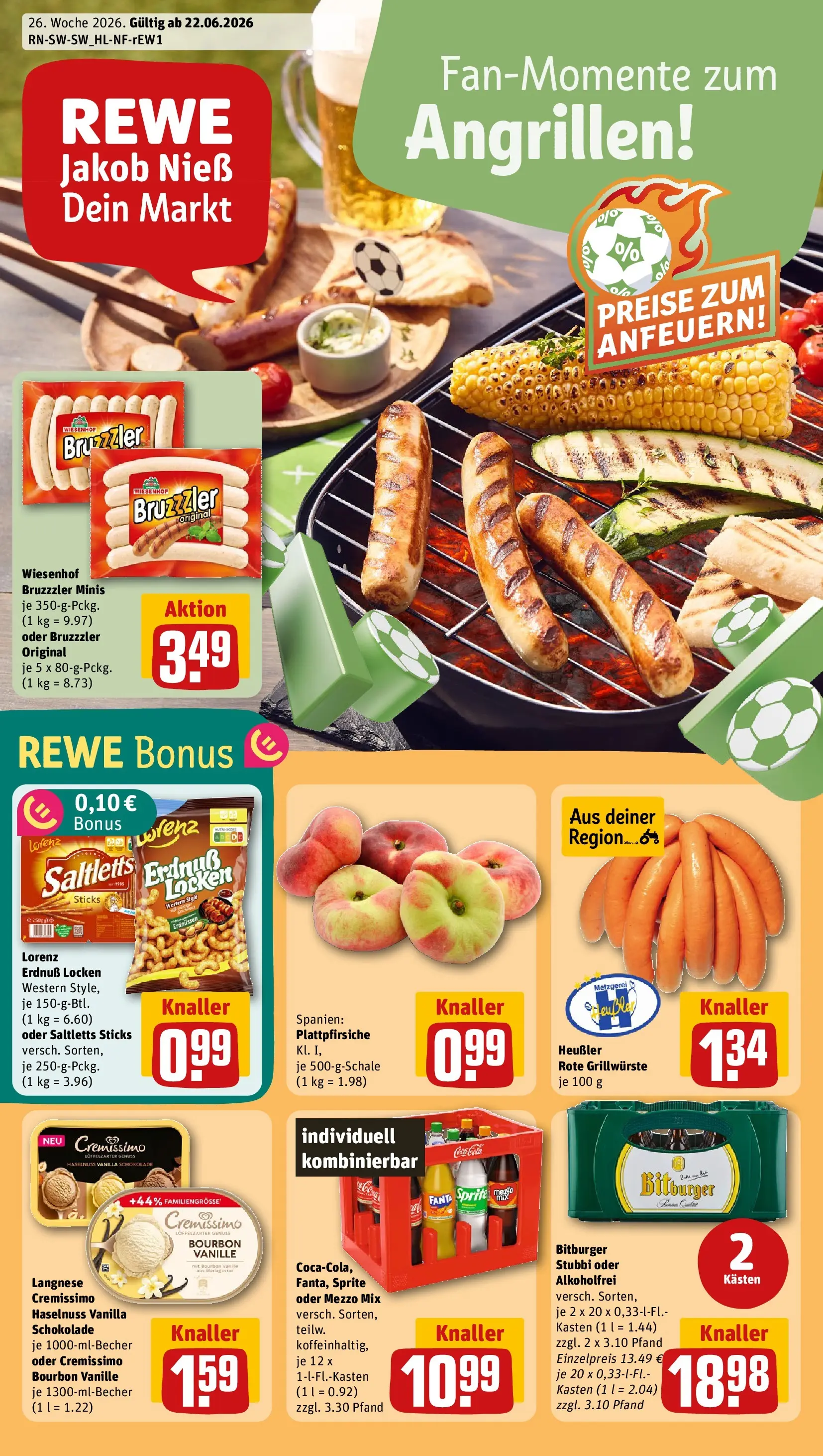 REWE Prospekt ab 21.06.2026 zum Blättern » Angebote | Seite: 1 | Produkte: Langnese, Cremissimo, Mezzo mix, Bourbon