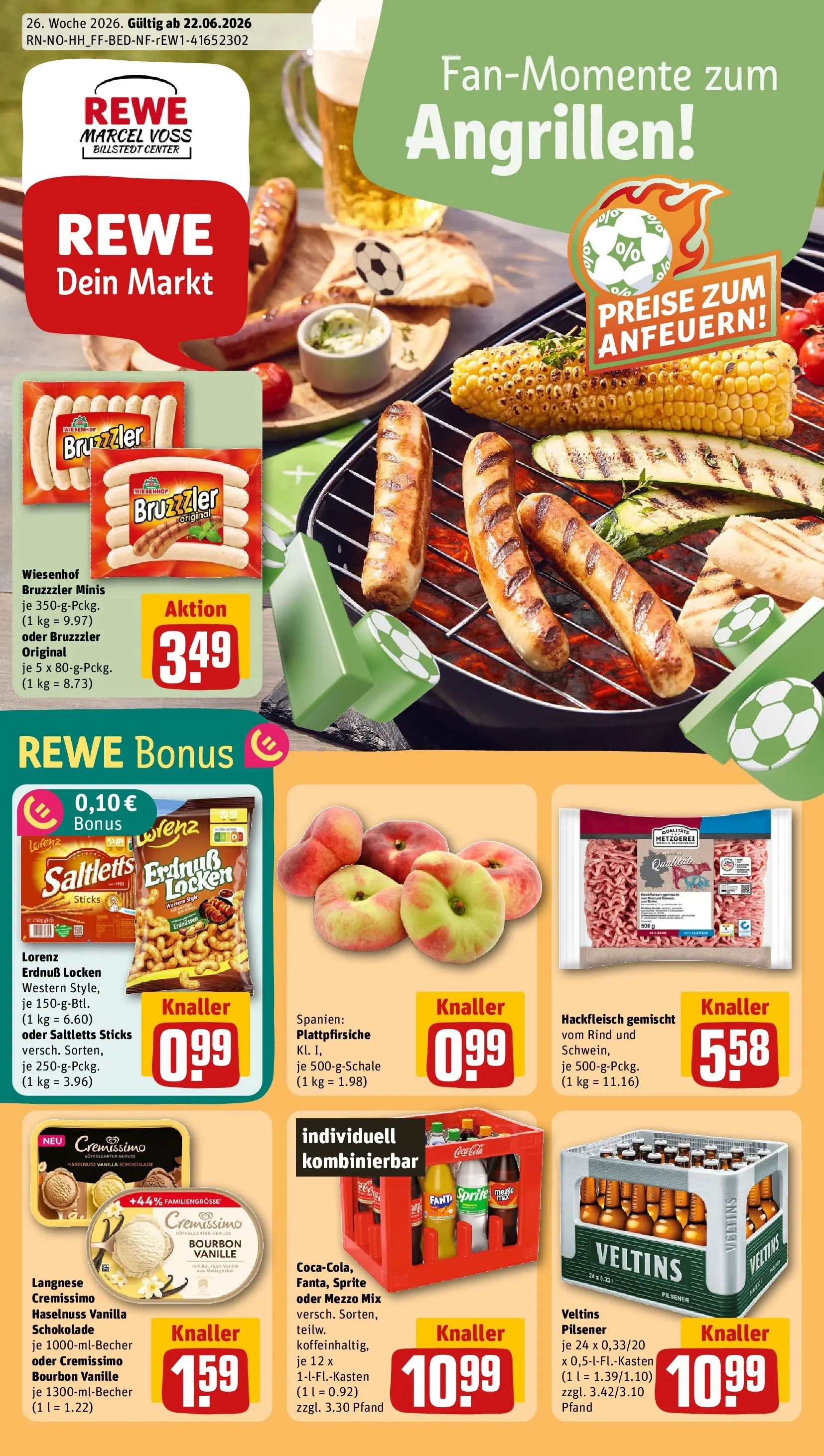 REWE Prospekt ab 21.06.2026 zum Blättern » Angebote | Seite: 1 | Produkte: Langnese cremissimo, Cremissimo, Mezzo mix, Hackfleisch