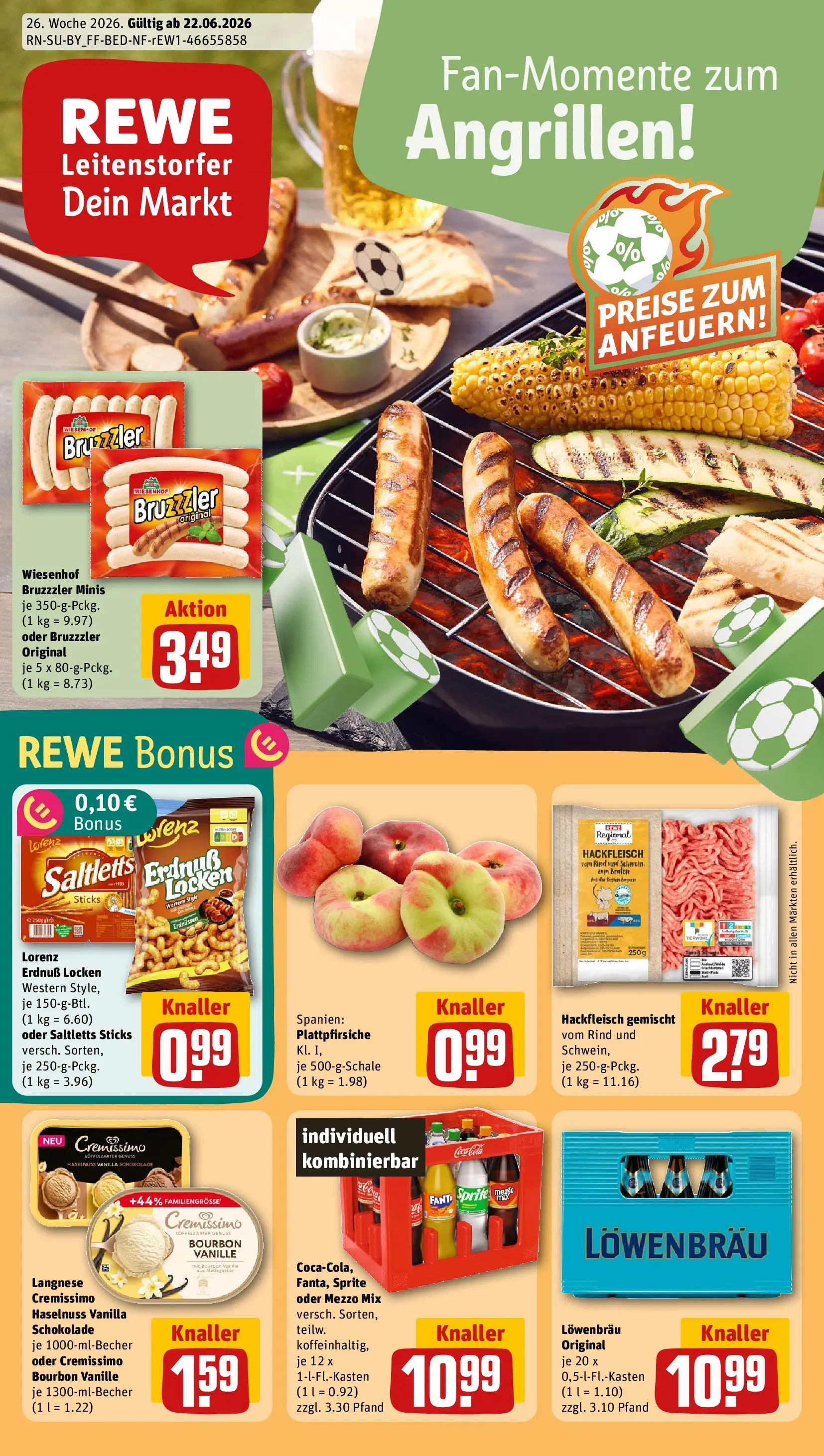 REWE Prospekt ab 21.06.2026 zum Blättern » Angebote | Seite: 1 | Produkte: Langnese, Langnese cremissimo, Bourbon, Hackfleisch