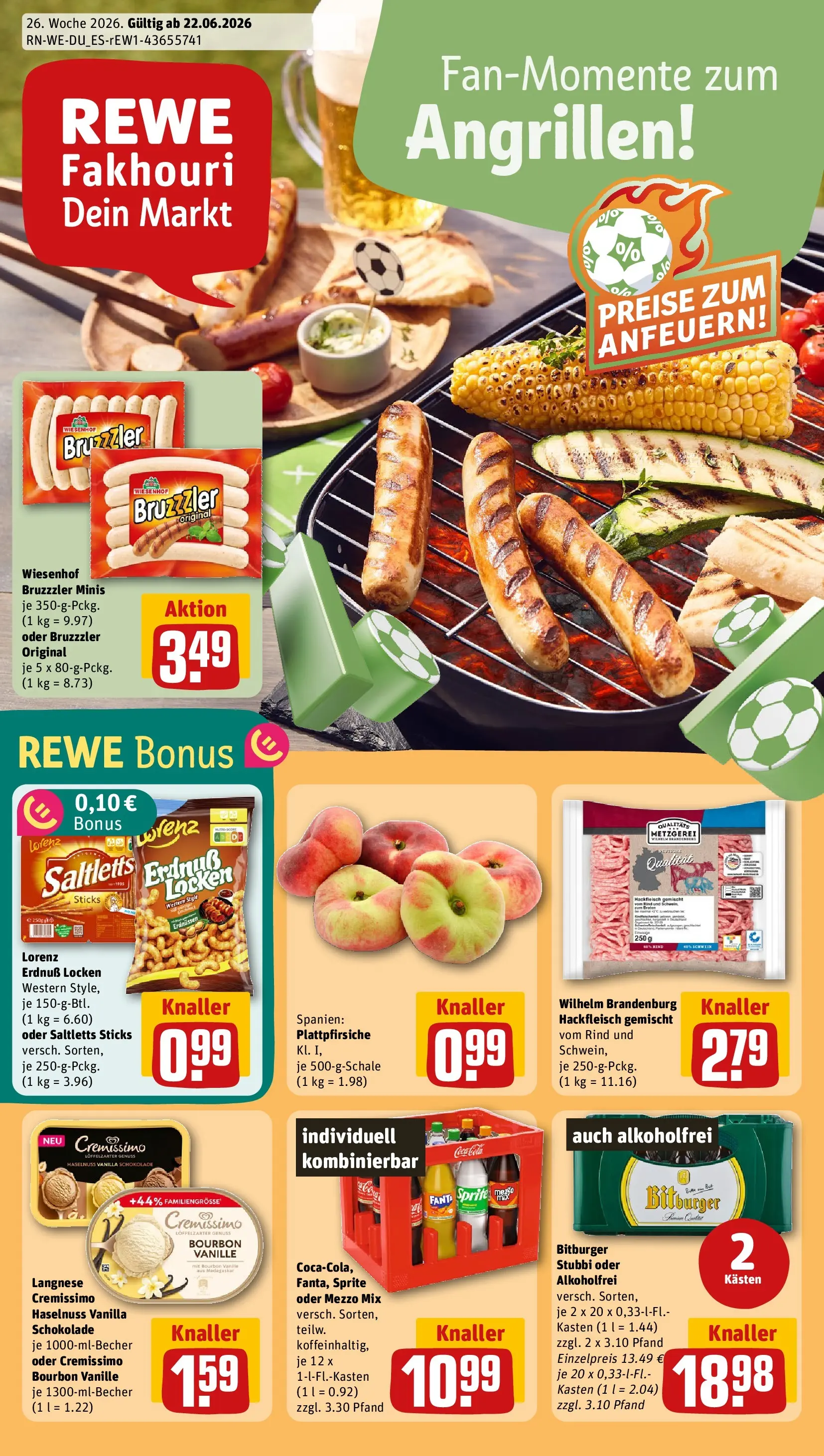 REWE Prospekt ab 22.06.2026 zum Blättern » Angebote | Seite: 1 | Produkte: Bitburger, Langnese, Cremissimo, Bourbon