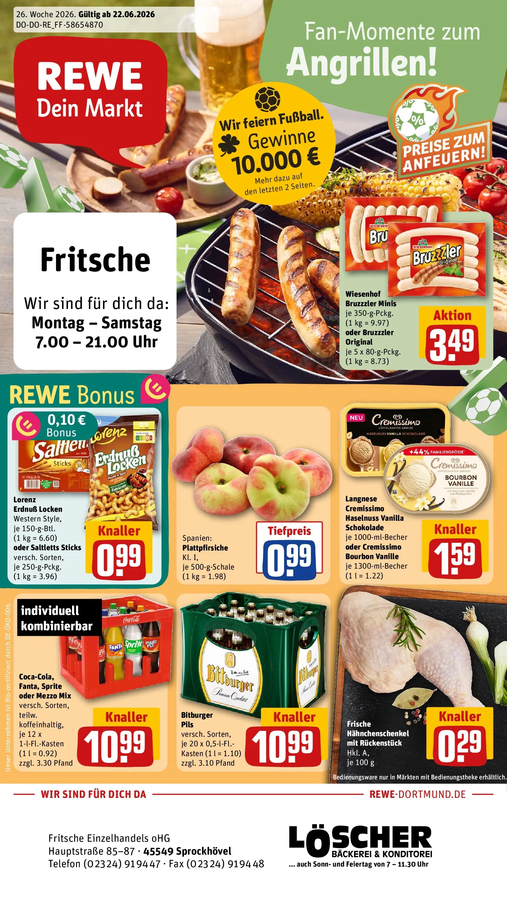 REWE Prospekt ab 21.06.2026 zum Blättern » Angebote | Seite: 1 | Produkte: Bitburger, Langnese cremissimo, Mezzo mix, Oder mezzo mix
