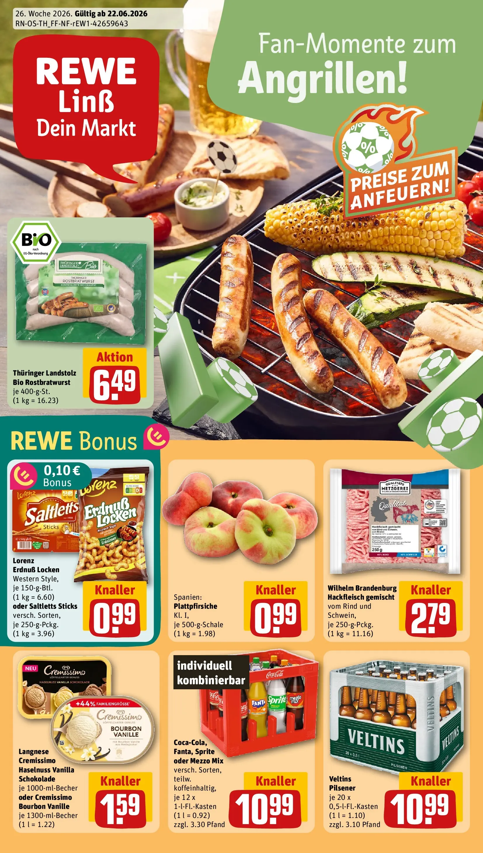 REWE Prospekt ab 21.06.2026 zum Blättern » Angebote | Seite: 1 | Produkte: Mezzo mix, Sprite, Bourbon, Veltins