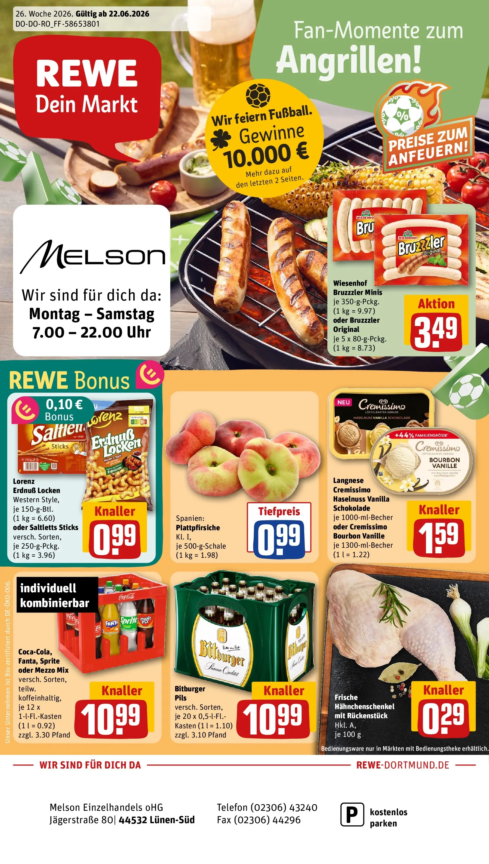 REWE Prospekt ab 21.06.2026 zum Blättern » Angebote | Seite: 1 | Produkte: Bitburger, Mezzo mix, Hahnchenschenkel, Bourbon