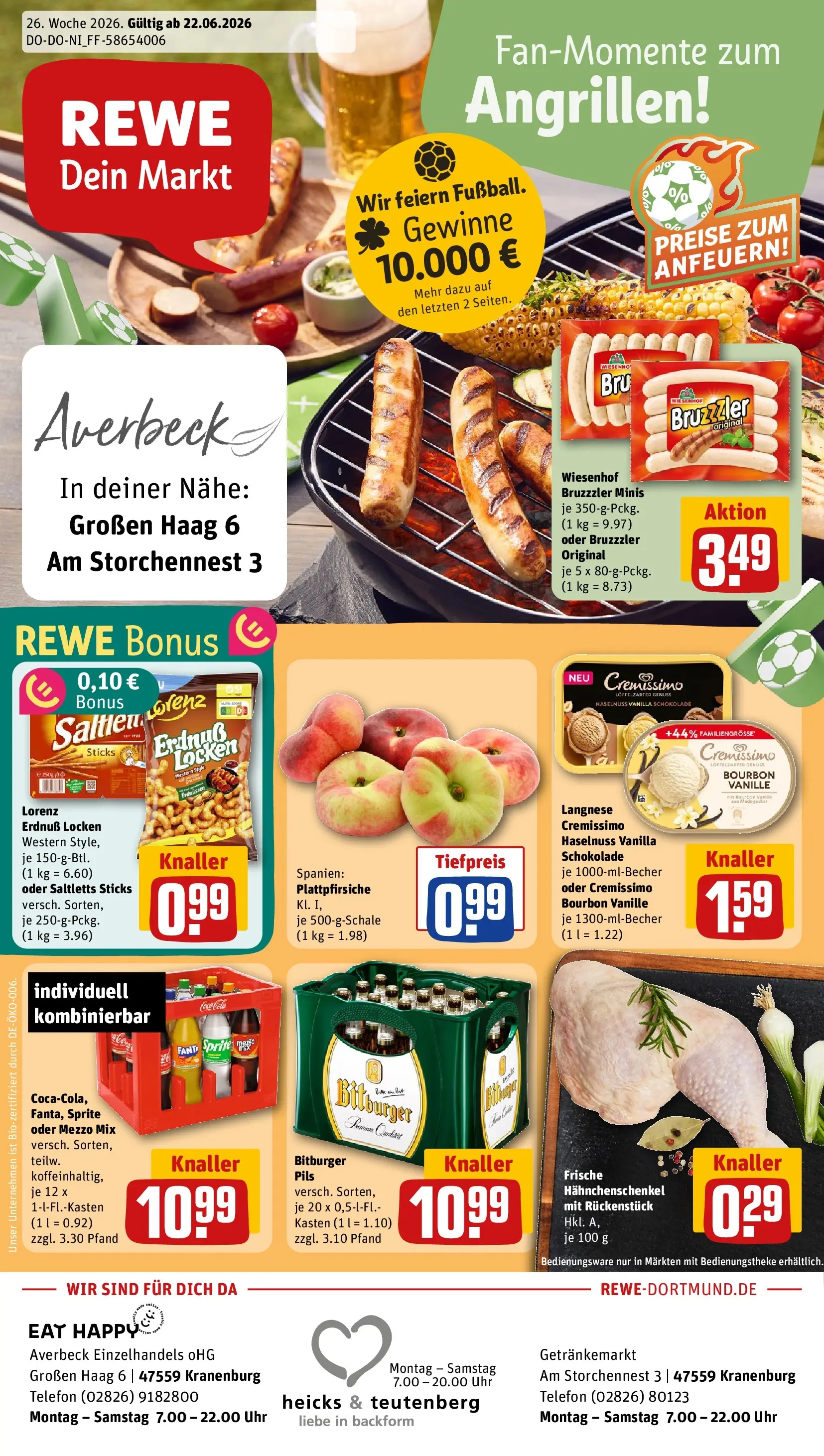 REWE Prospekt ab 21.06.2026 zum Blättern » Angebote | Seite: 1 | Produkte: Langnese, Bourbon, Telefon, Uhr