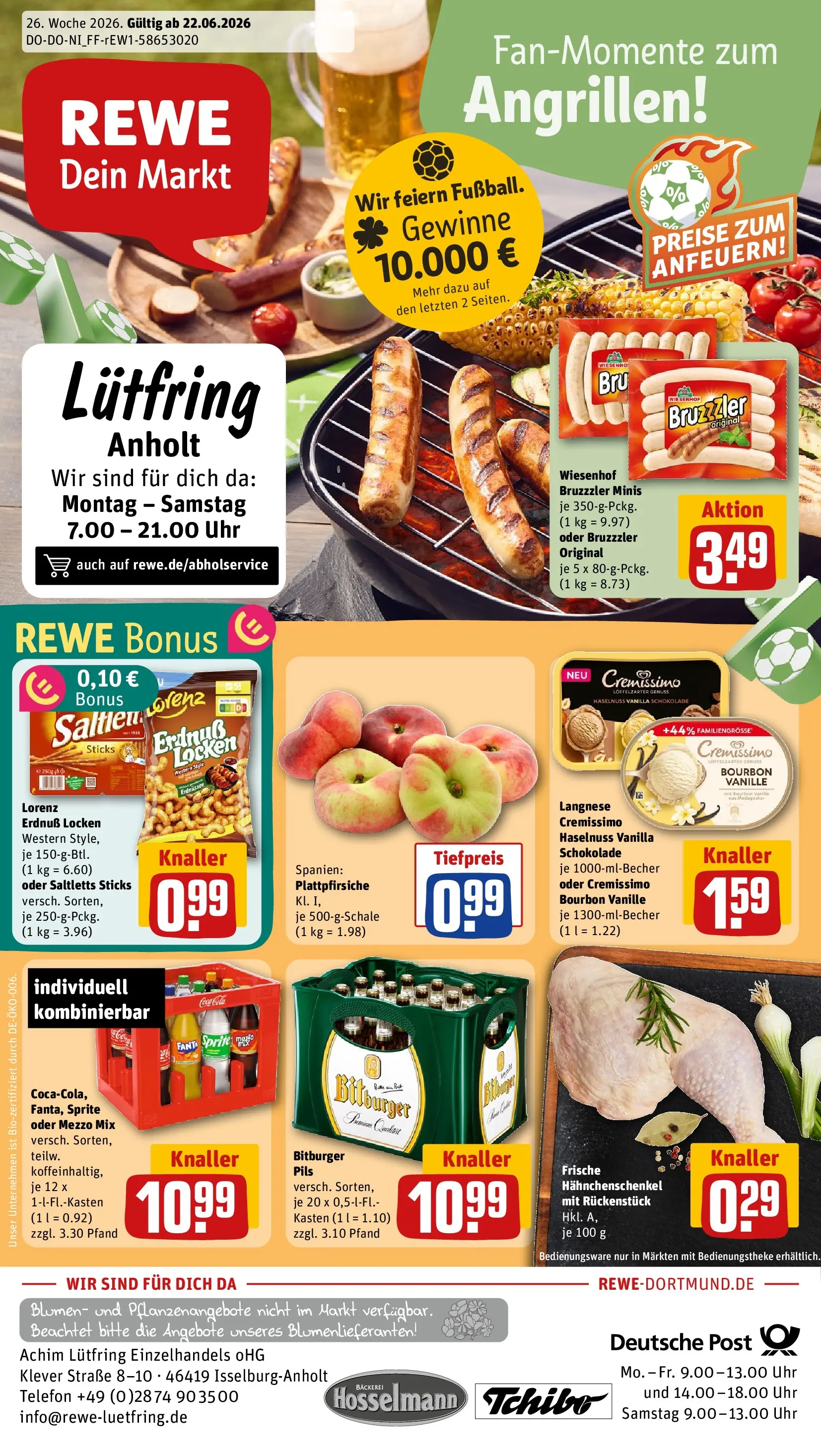 REWE Prospekt ab 21.06.2026 zum Blättern » Angebote | Seite: 1 | Produkte: Langnese, Cremissimo, Bourbon, Uhr